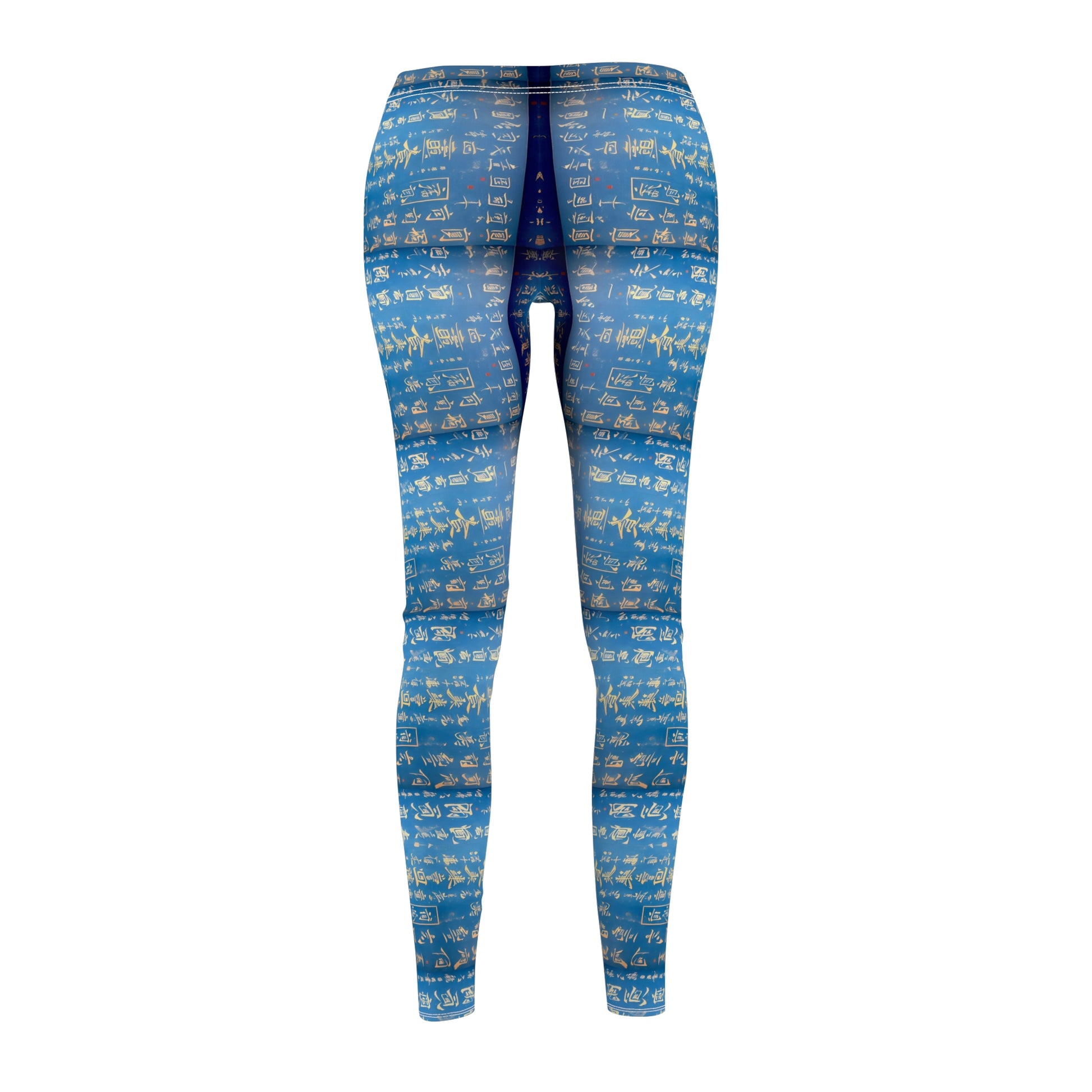 A pair of blue leggings, back view, covered in gold Chinese writing, showcasing the product's skinny fit and vibrant color.