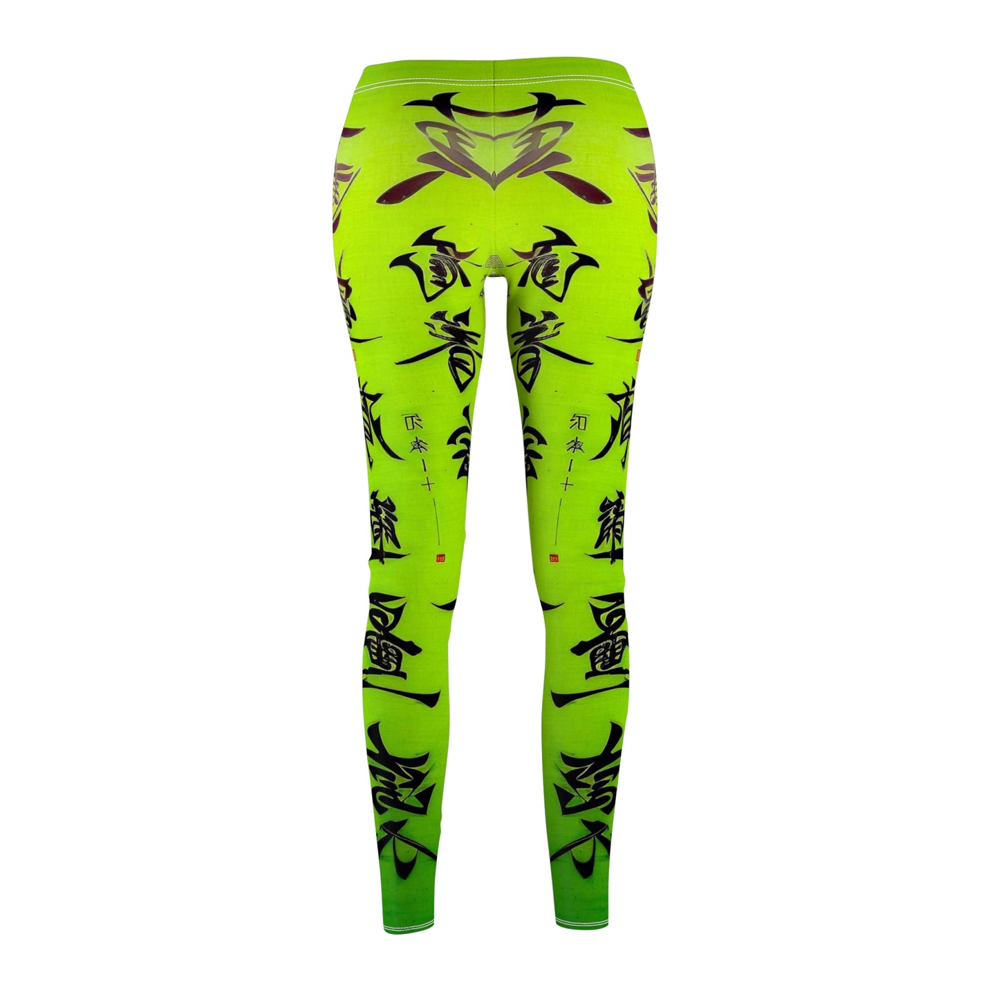 Back view of a pair of lime green leggings with a white thread color and a graphic print featuring stylized Chinese lettering in black. 