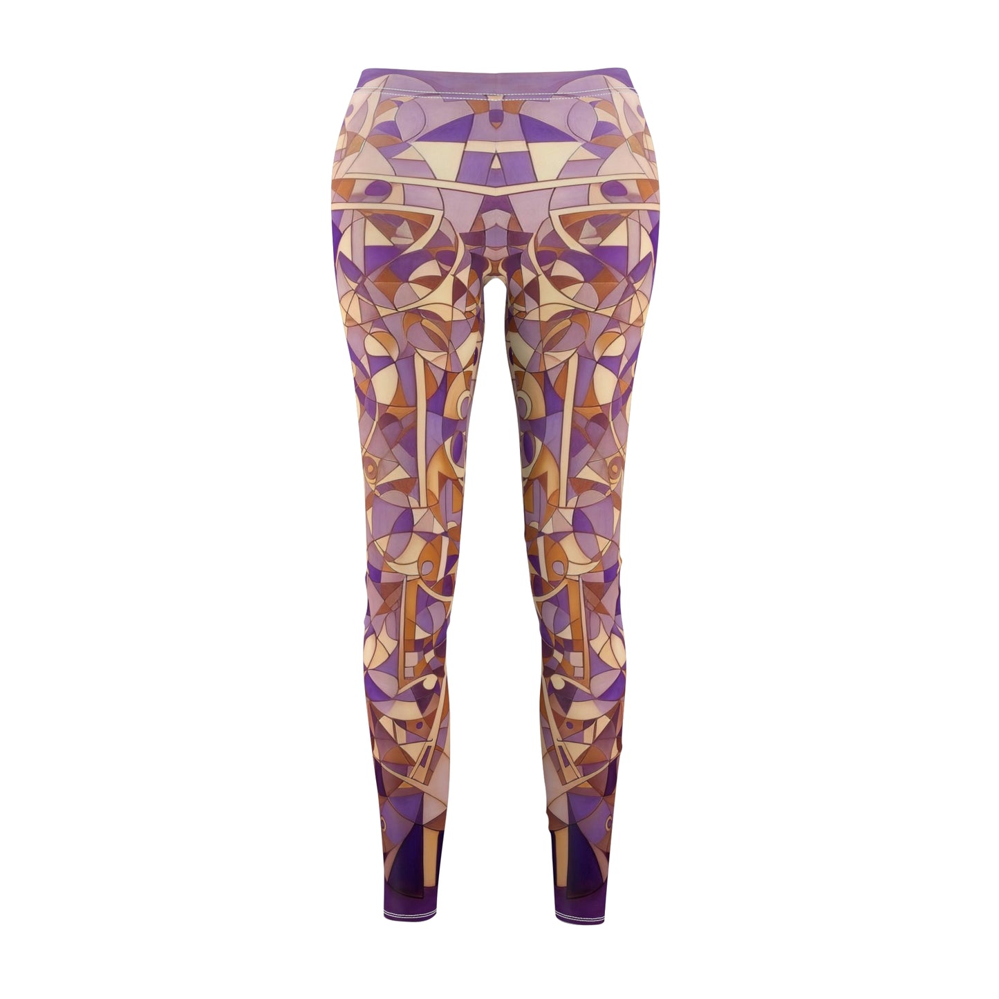 A pair of purple, cream and beige geometric patterned skinny fit leggings, front view.