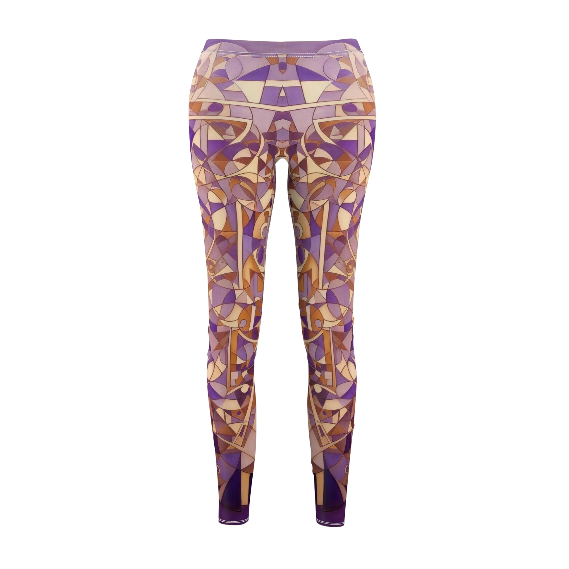 A pair of purple, cream and beige geometric patterned skinny fit leggings, front view.