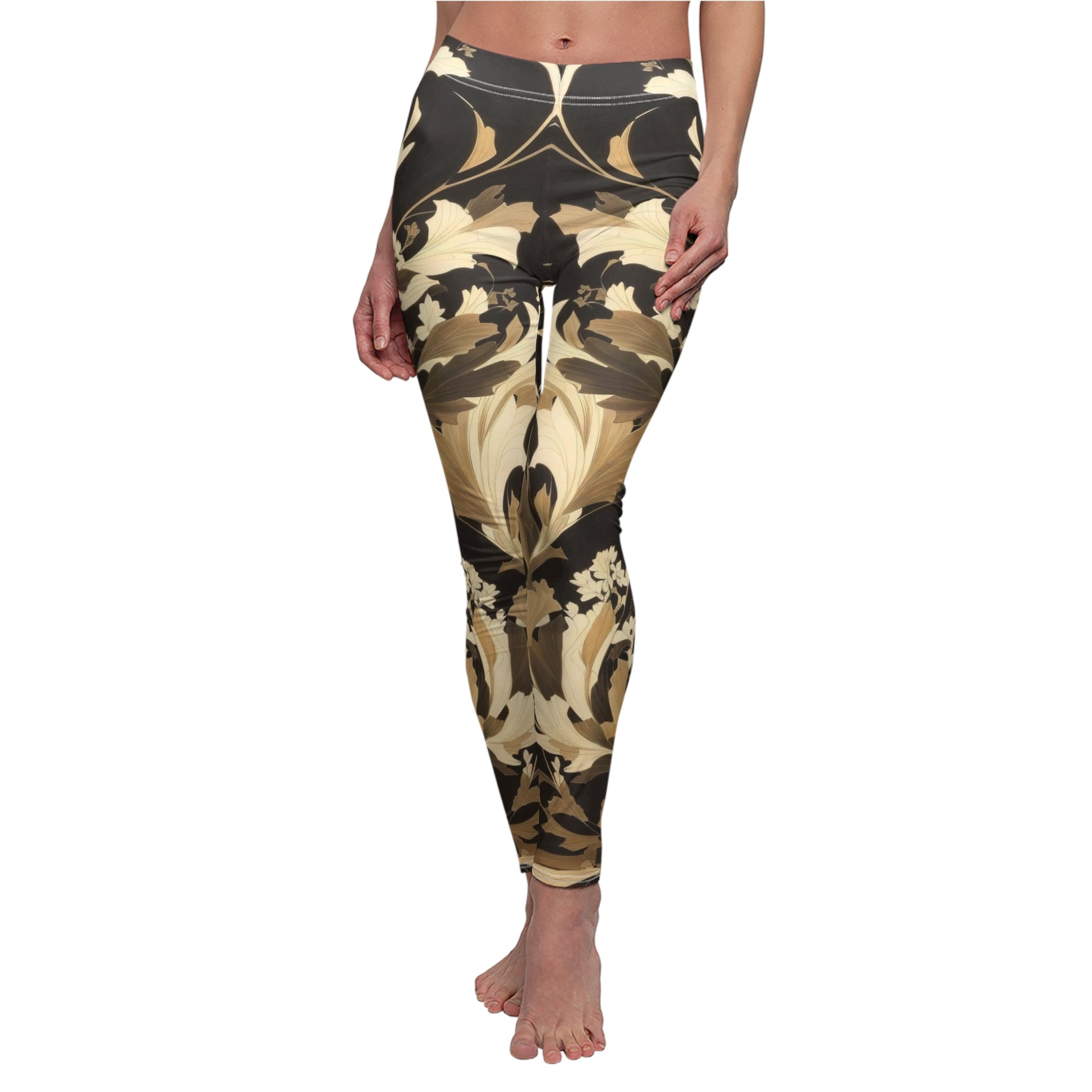 Leggings, black, brown, beige, cream floral pattern.