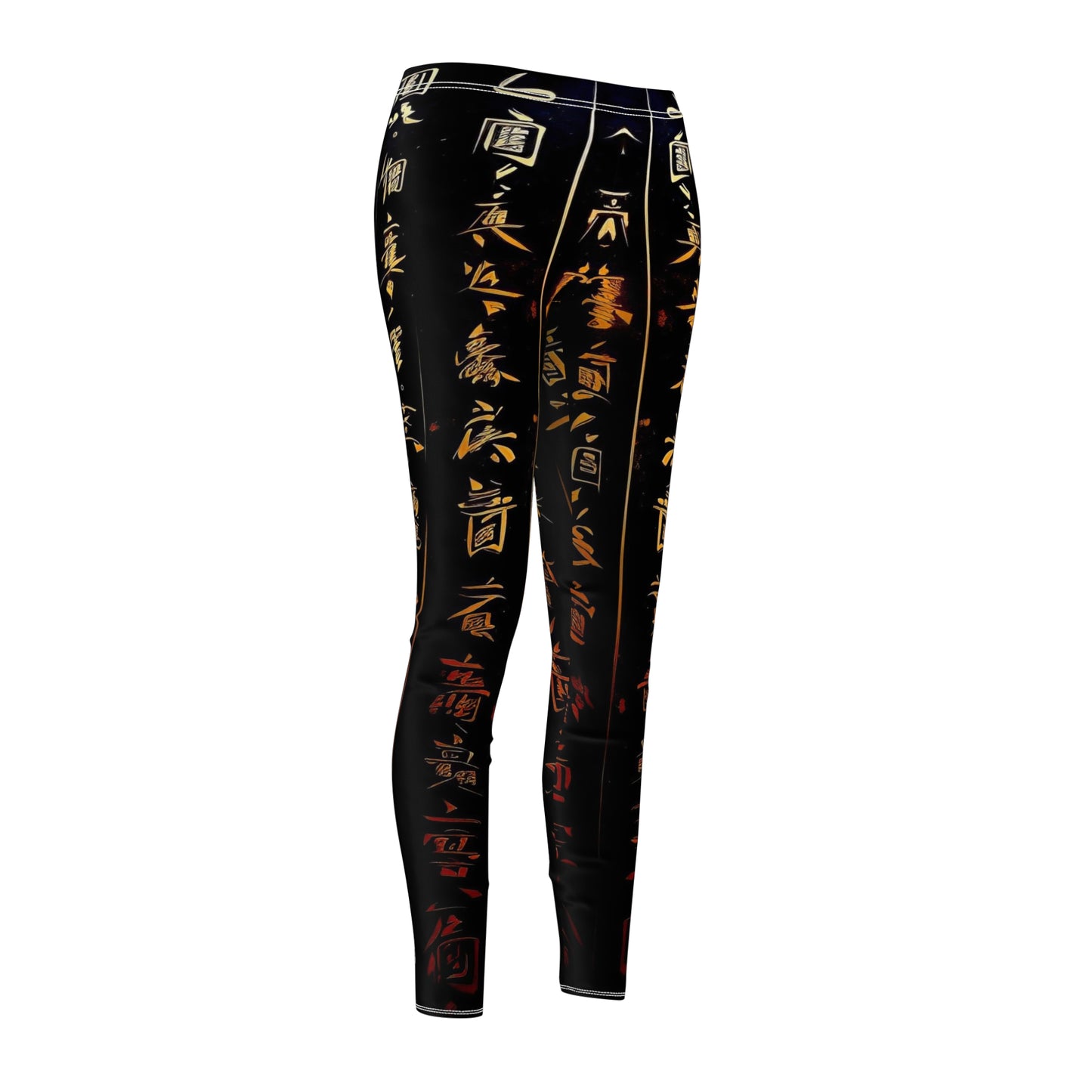 A pair of skinny fit leggings featuring gold and red Chinese lettering on a black background, front side view.