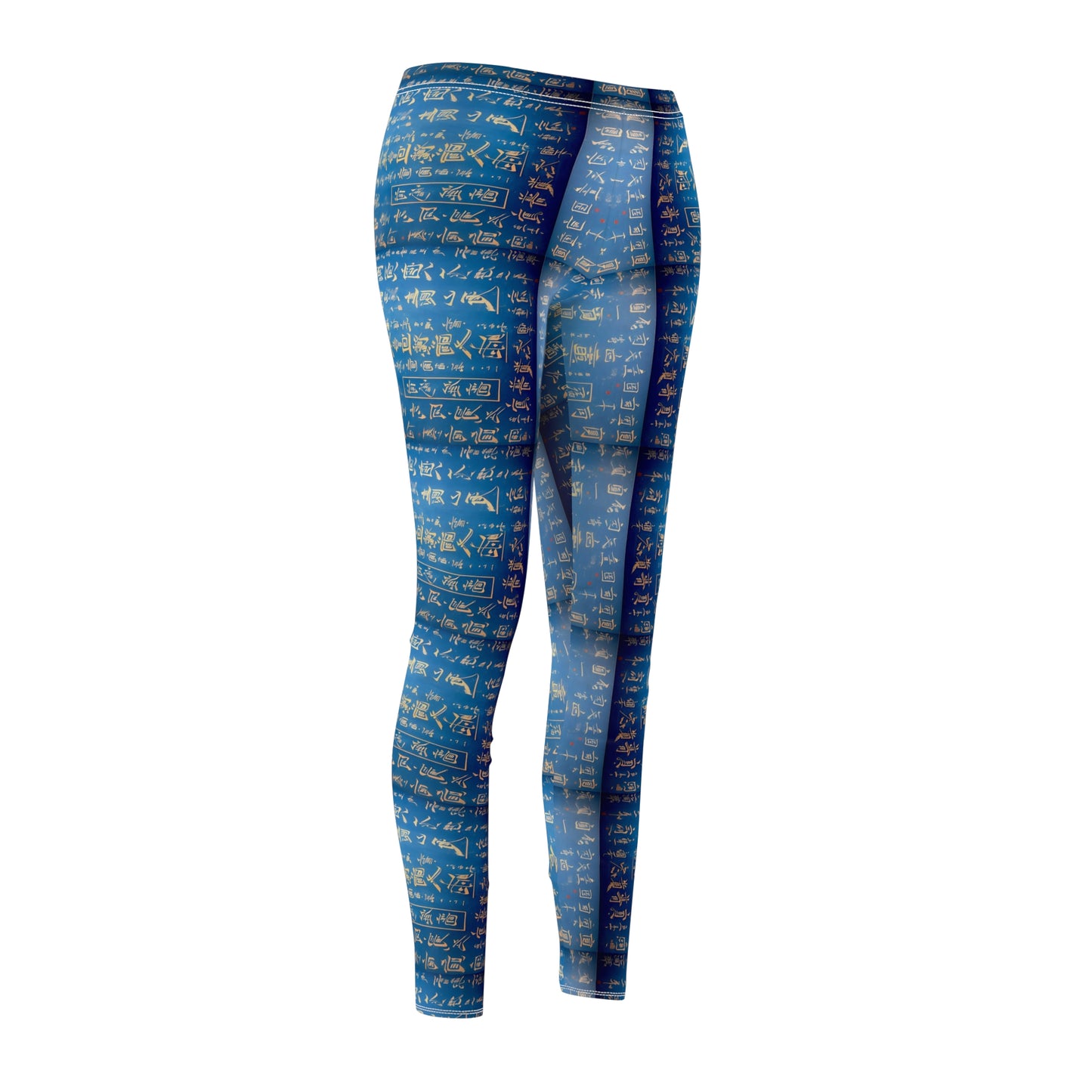 A pair of blue leggings, front side view, covered in gold Chinese writing, showcasing the product's skinny fit and vibrant color.