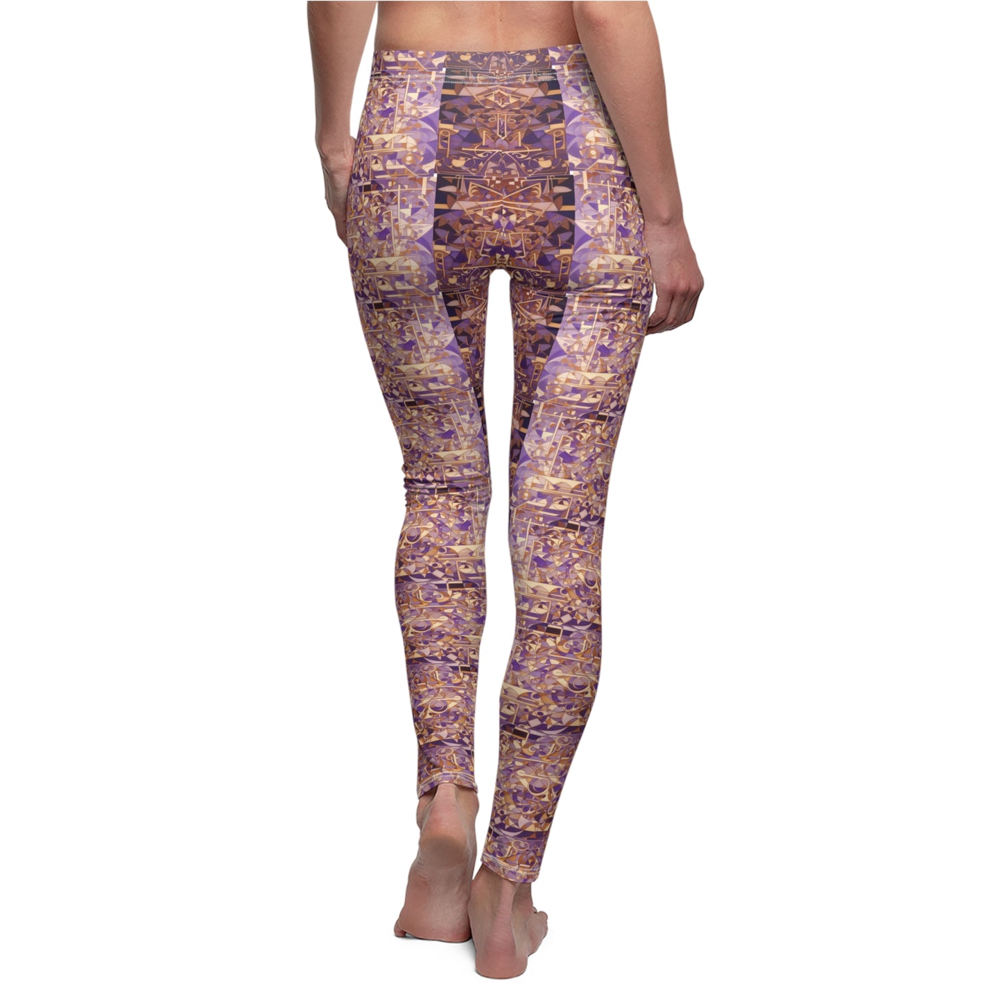 A pair of purple and gold leggings with a textured print, designed to be skinny fit, back view worn by model.
