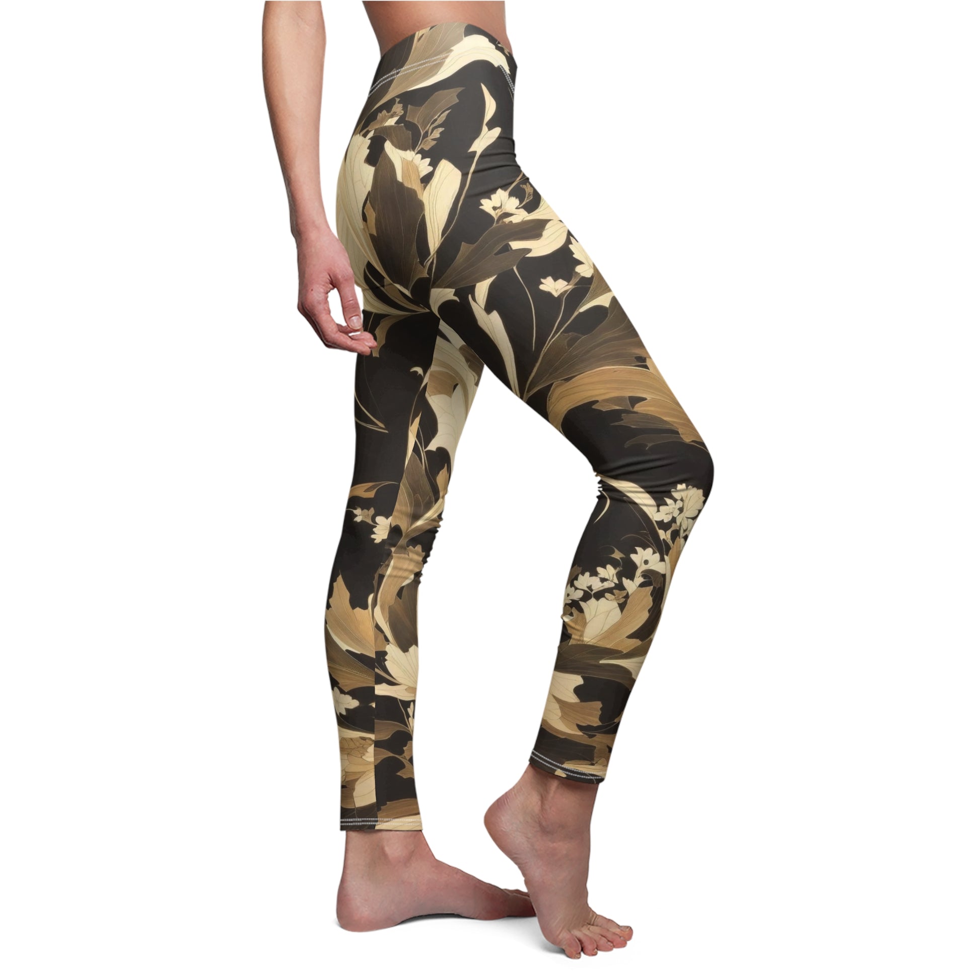 Leggings, black, brown, beige, cream floral pattern.