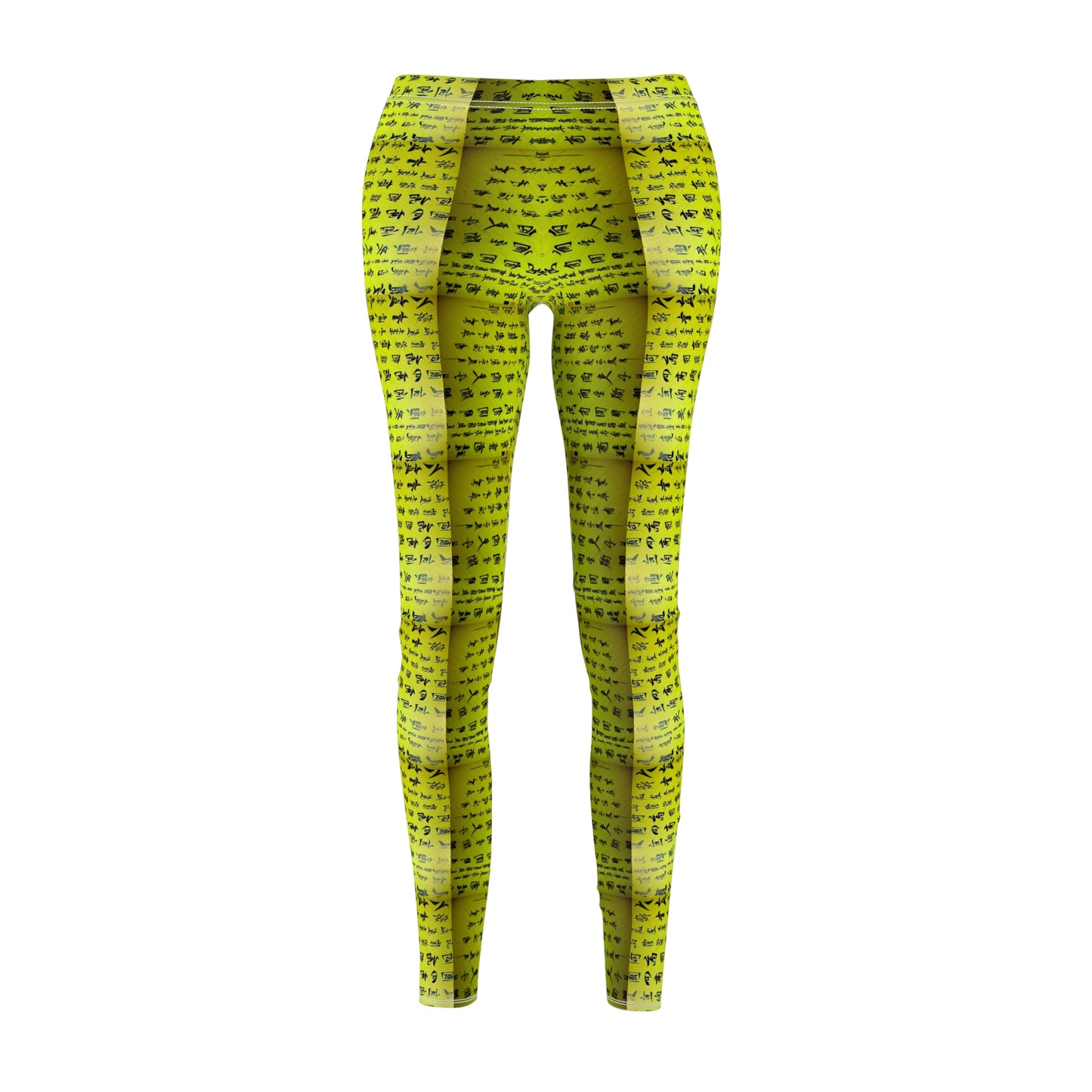Front view of lime green elastic skinny fit leggings with a white thread color and Chinese character pattern.