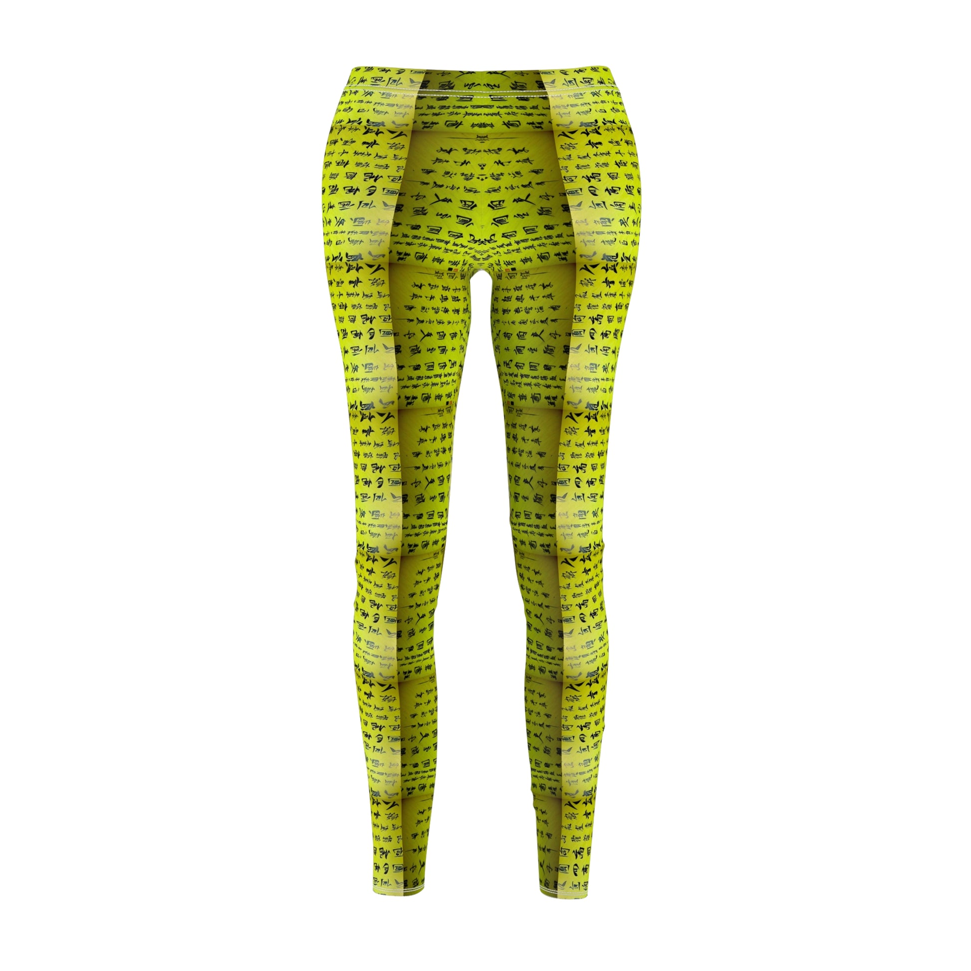 Front view of lime green elastic skinny fit leggings with a white thread color and Chinese character pattern.