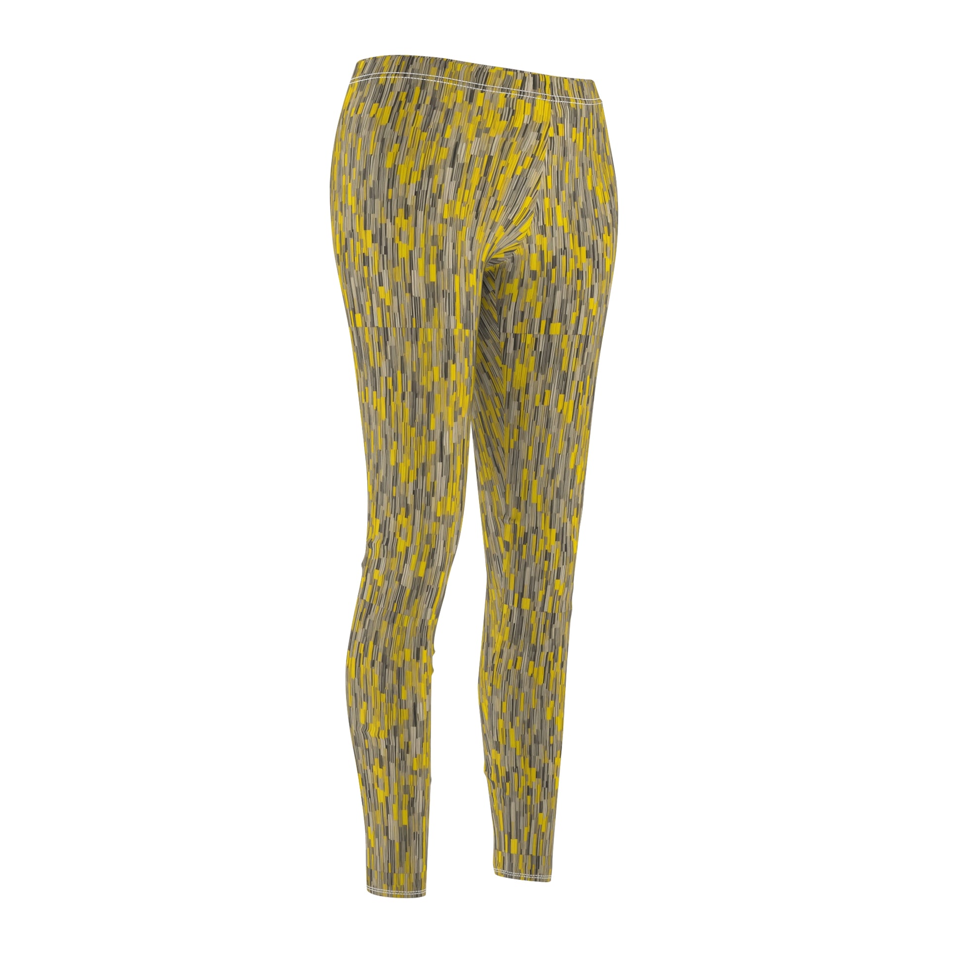 A pair of leggings with a vibrant yellow and gray geometric pattern, Front side view.