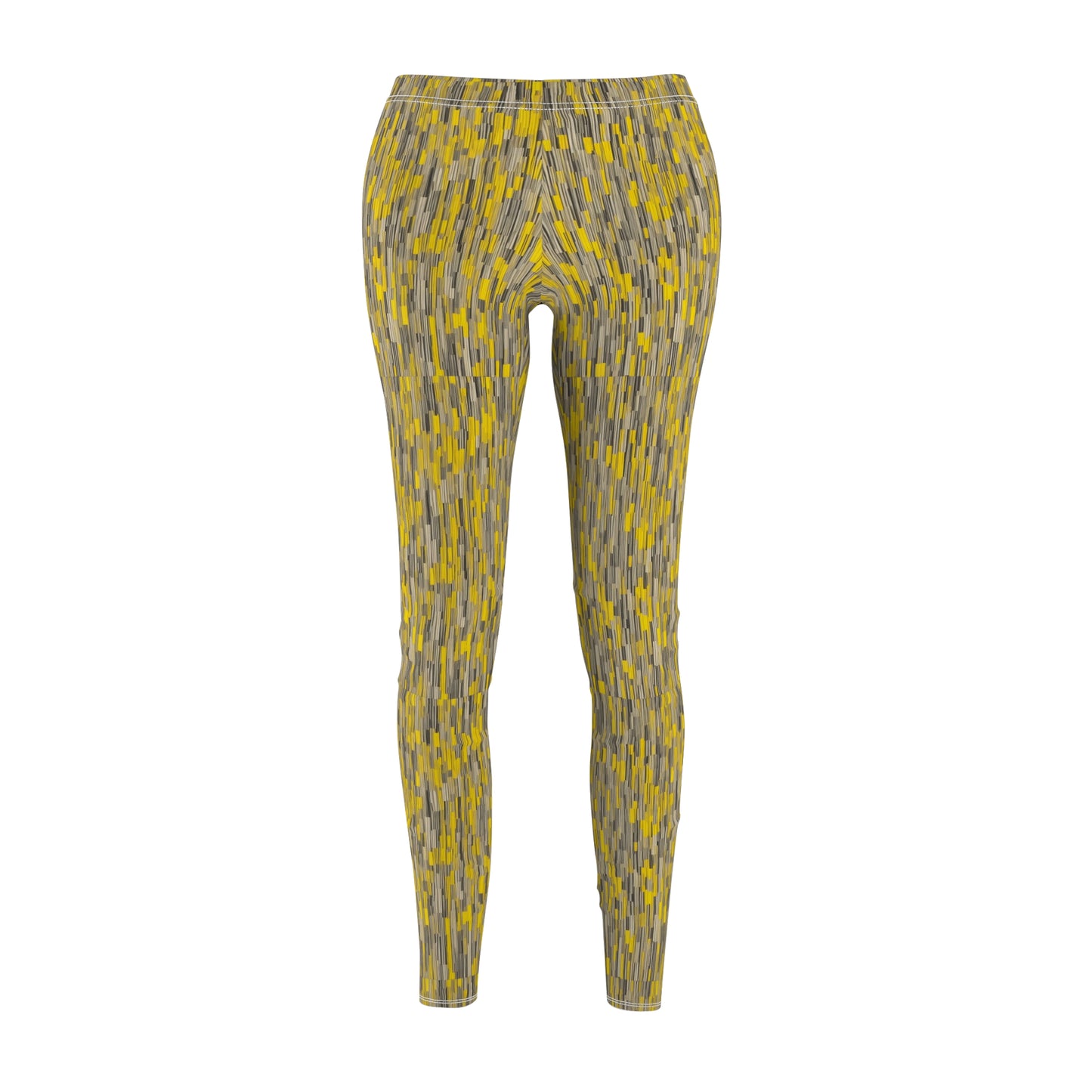 A pair of leggings with a vibrant yellow and gray geometric pattern, front view.