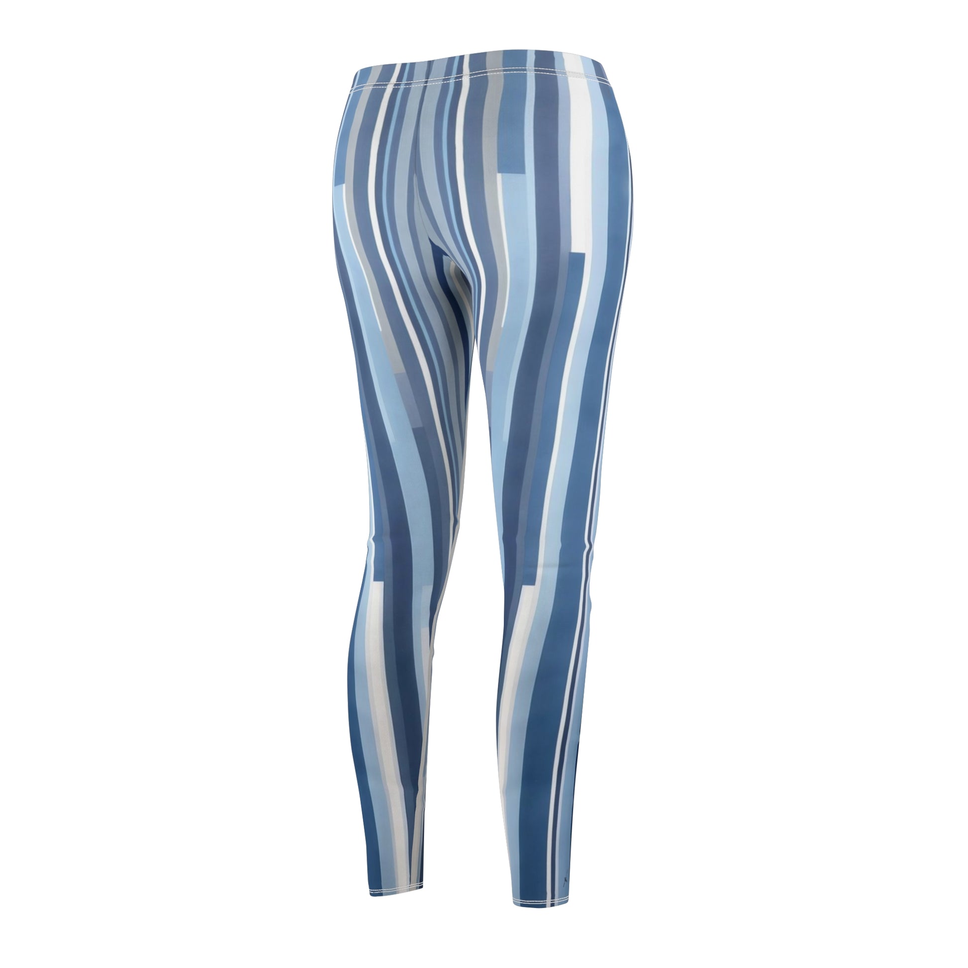 A pair of blue and white striped leggings, back side view.