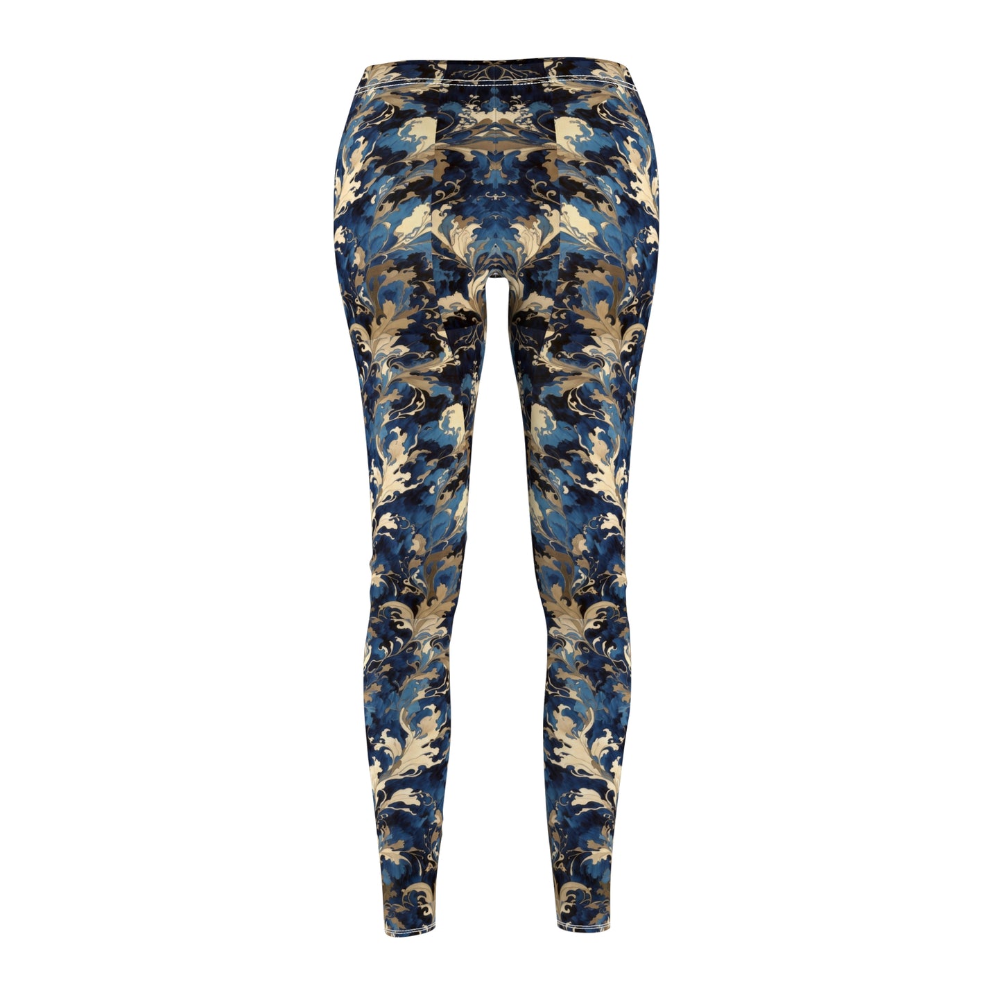 A pair of blue and gold floral print leggings with a skinny fit, elastic waistband, and a high-waisted design.