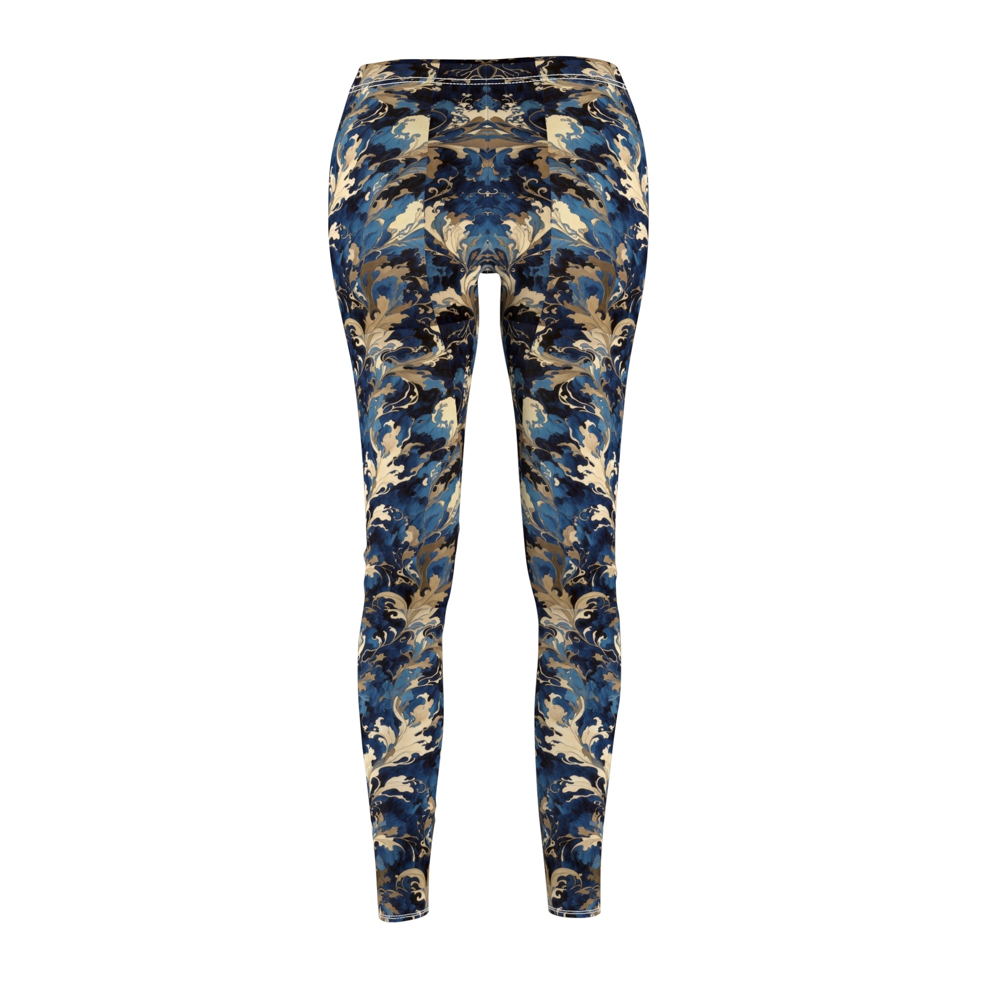 A pair of blue and gold floral print leggings with a skinny fit, elastic waistband, and a high-waisted design.
