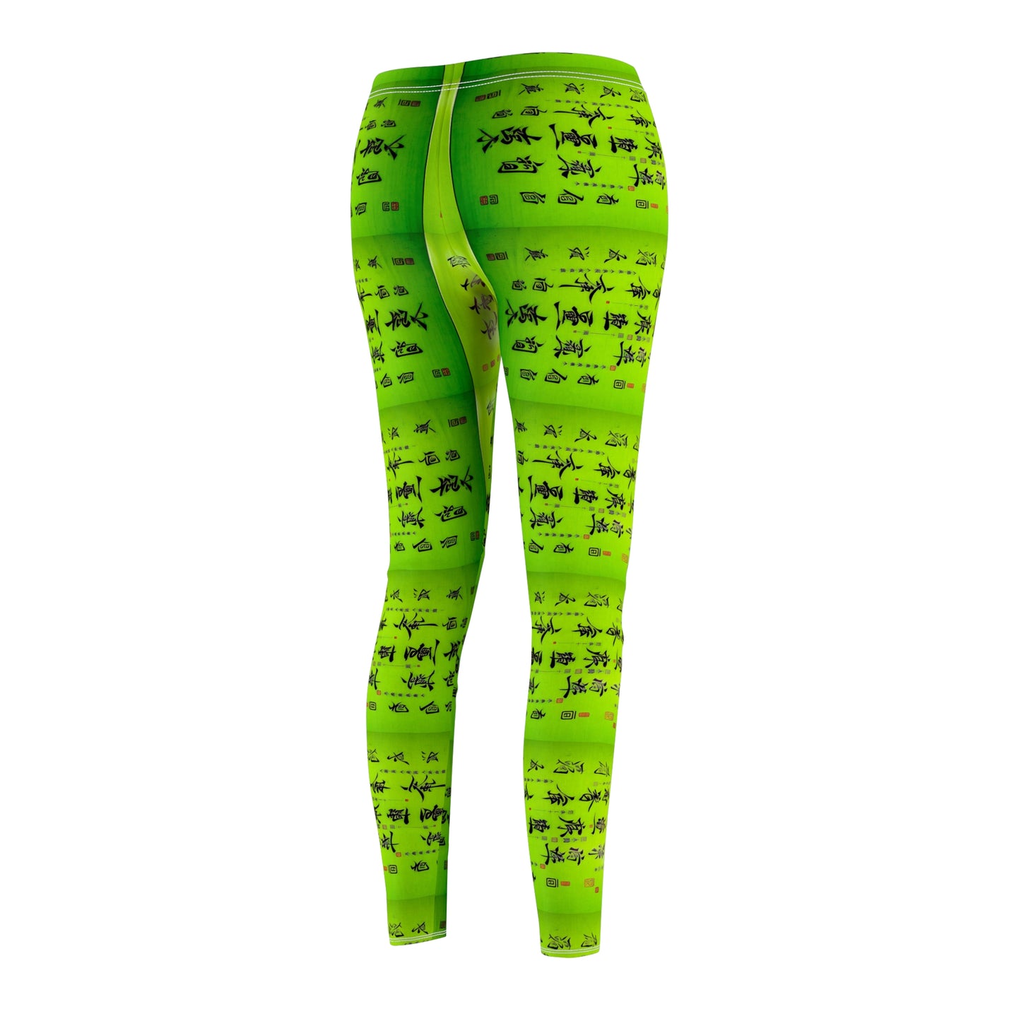 Back side view of a pair of lime green elastic skinny fit leggings with a pattern of Chinese calligraphy.