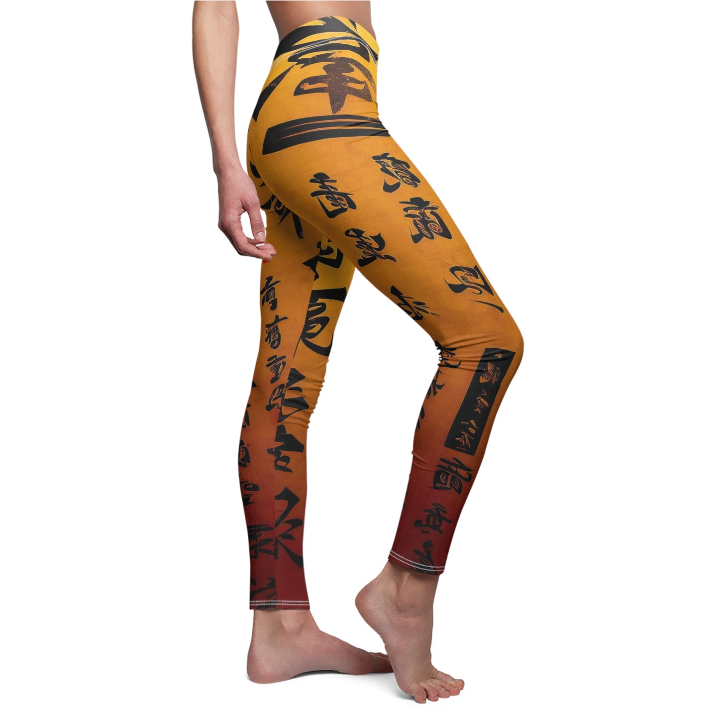 Side view of a model wearing a pair of skinny fit leggings featuring a gold color with black geometric patterns and a visible white thread color.