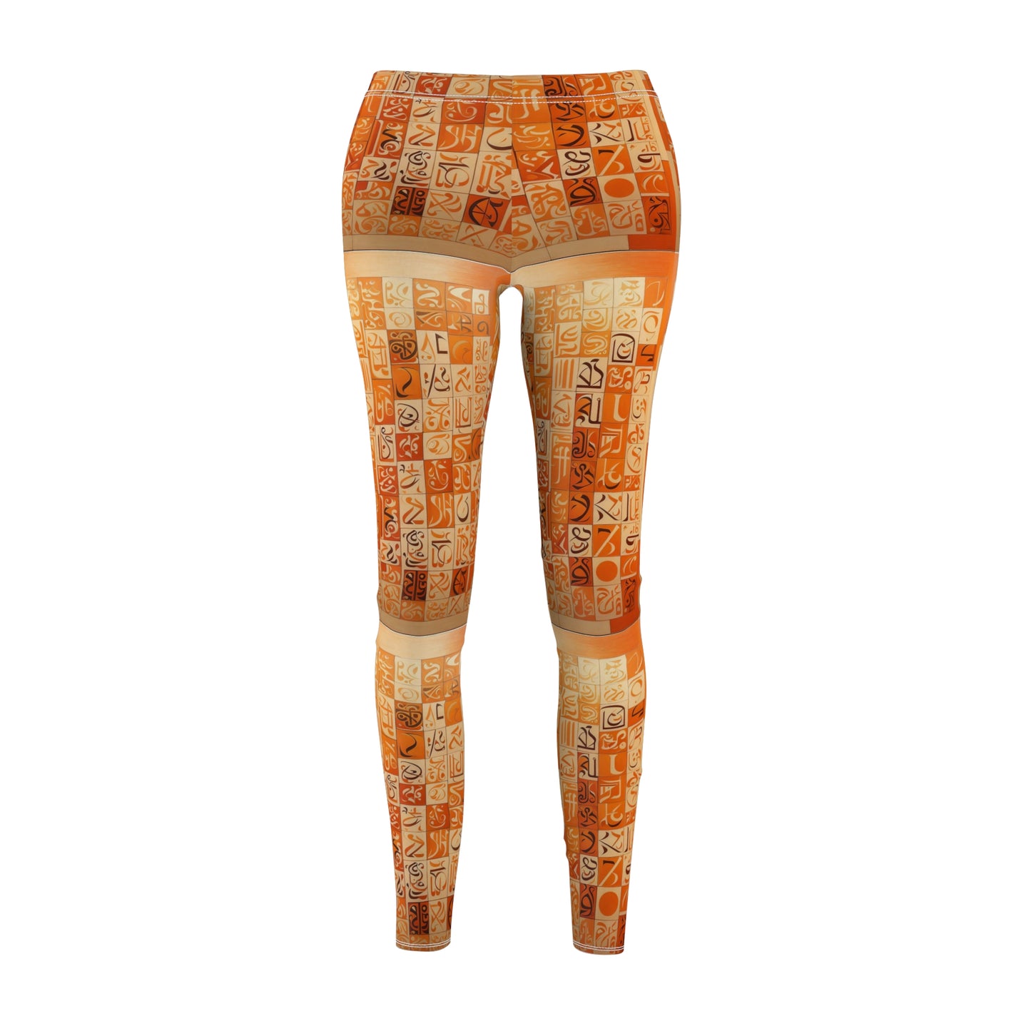 A pair of skinny fit leggings with geometric patterns in orange, creams, and browns with black and cream calligraphy, front view.