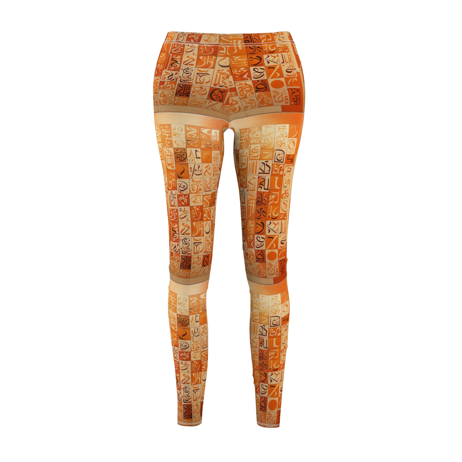 A pair of skinny fit leggings with geometric patterns in orange, creams, and browns with black and cream calligraphy, front view.
