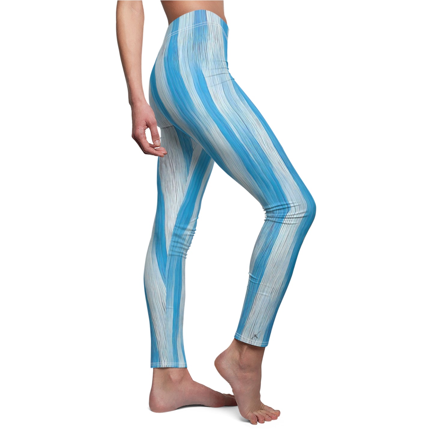 Miller Burton light blue candystripe leggings - full-length side view on model demonstrating fit and movement flexibility
