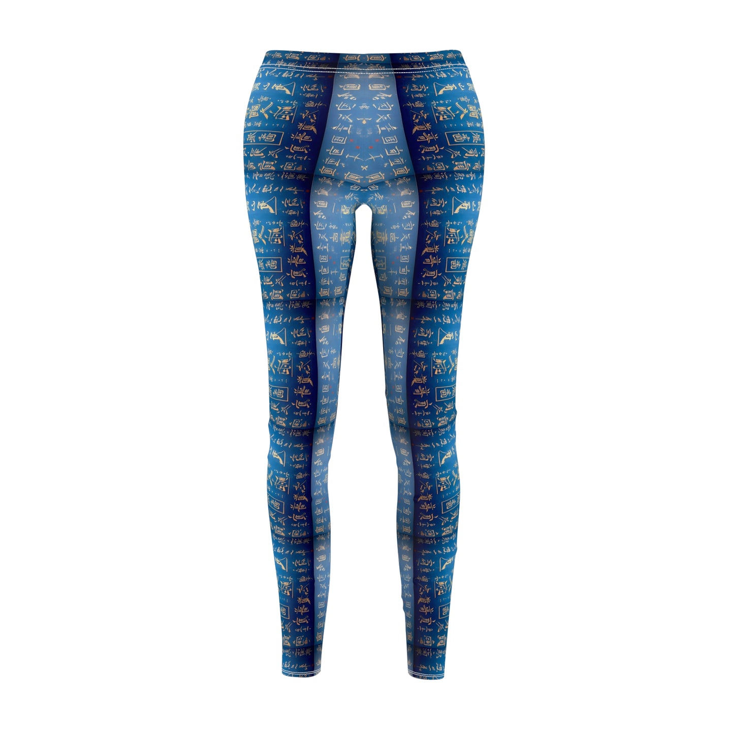 A pair of blue leggings, front view, covered in gold Chinese writing, showcasing the product's skinny fit and vibrant color.