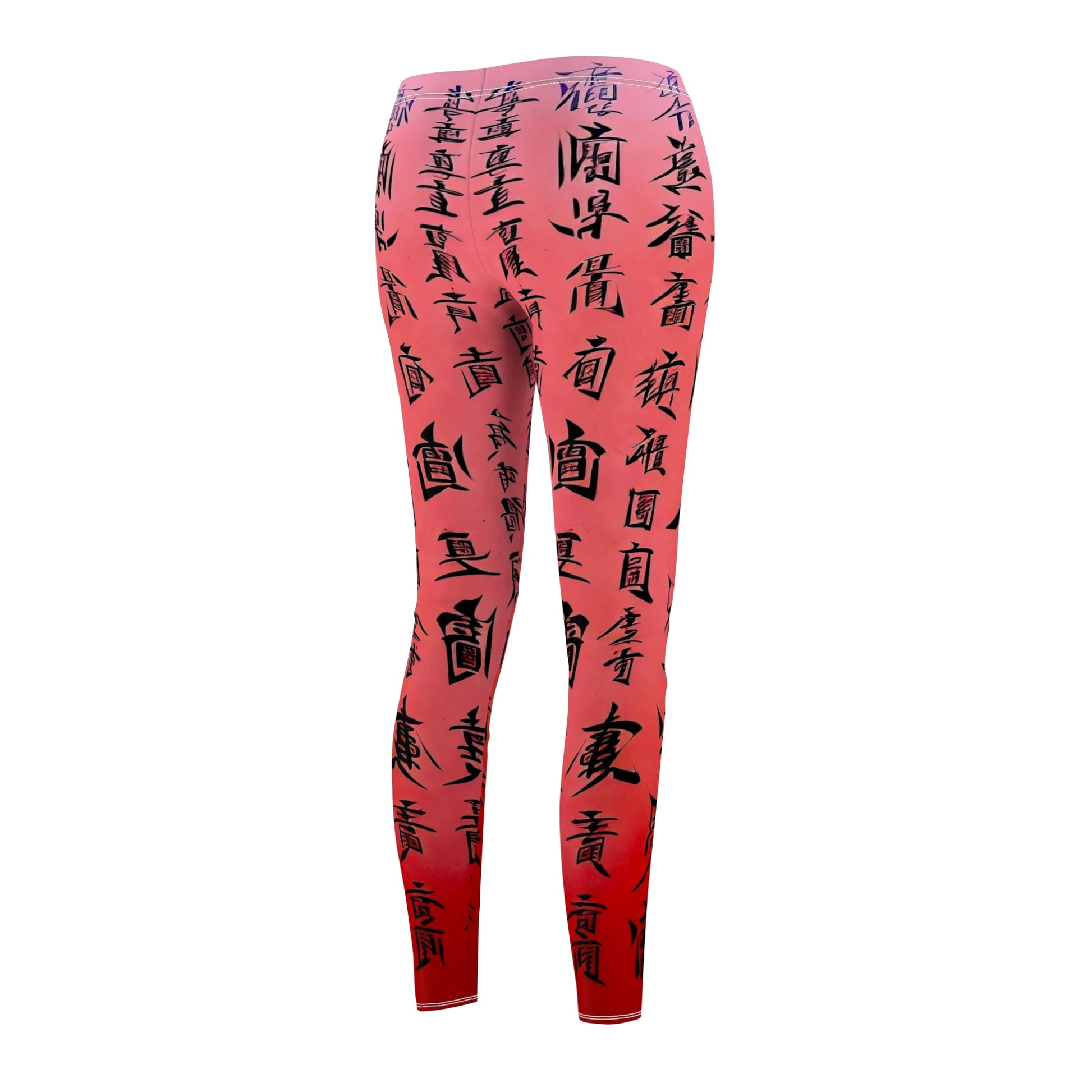 A pair of pink elastic skinny fit leggings with a black all-over print featuring what appears to be Chinese characters.