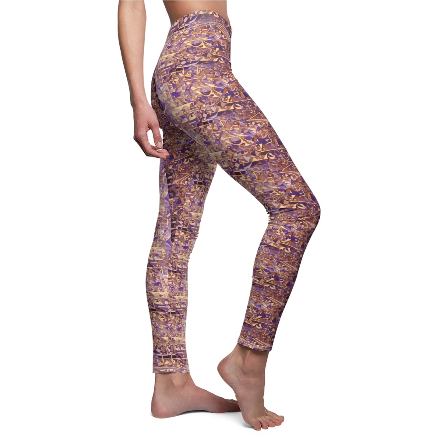 A pair of purple and gold leggings with a textured print, designed to be skinny fit, side view worn by model.