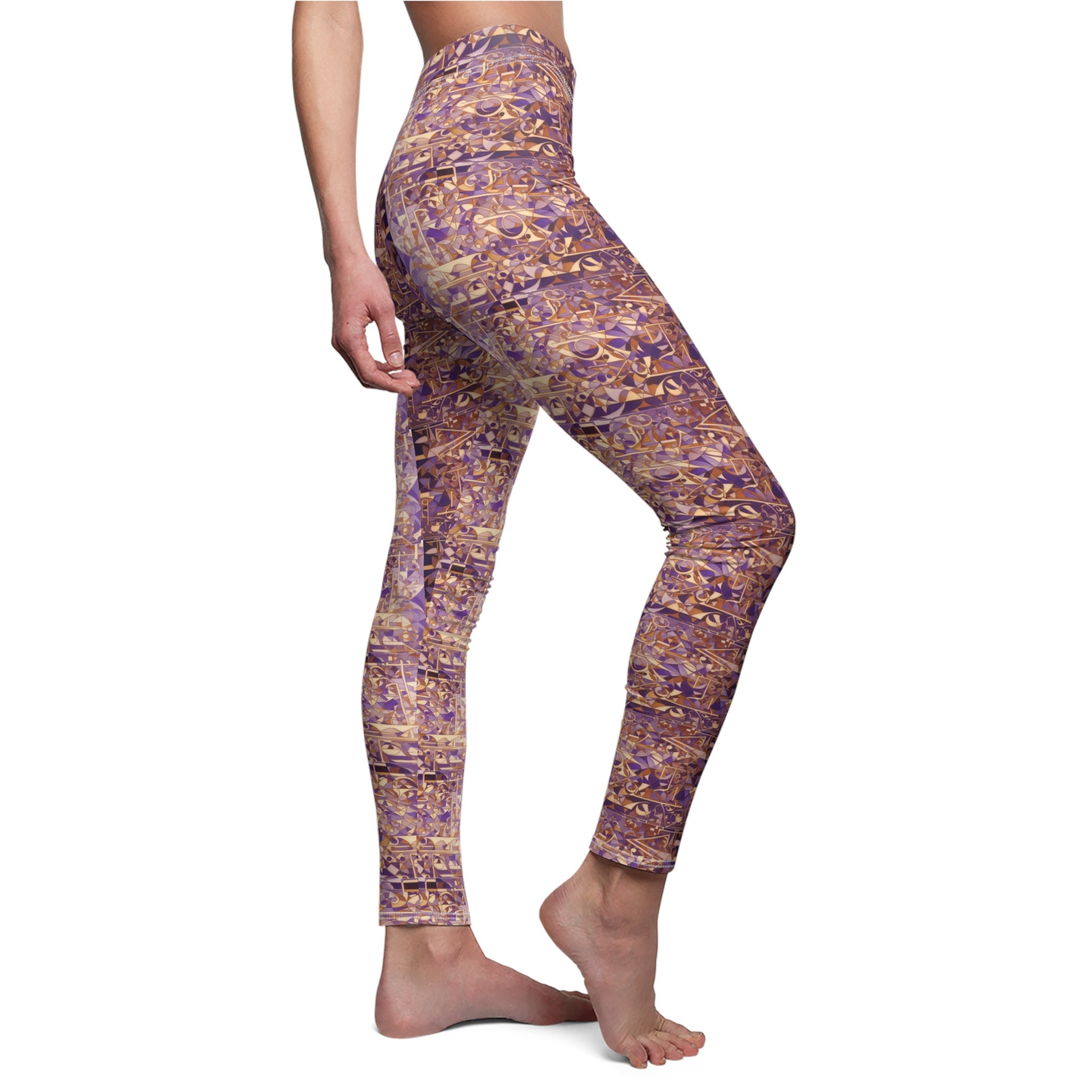 A pair of purple and gold leggings with a textured print, designed to be skinny fit, side view worn by model.
