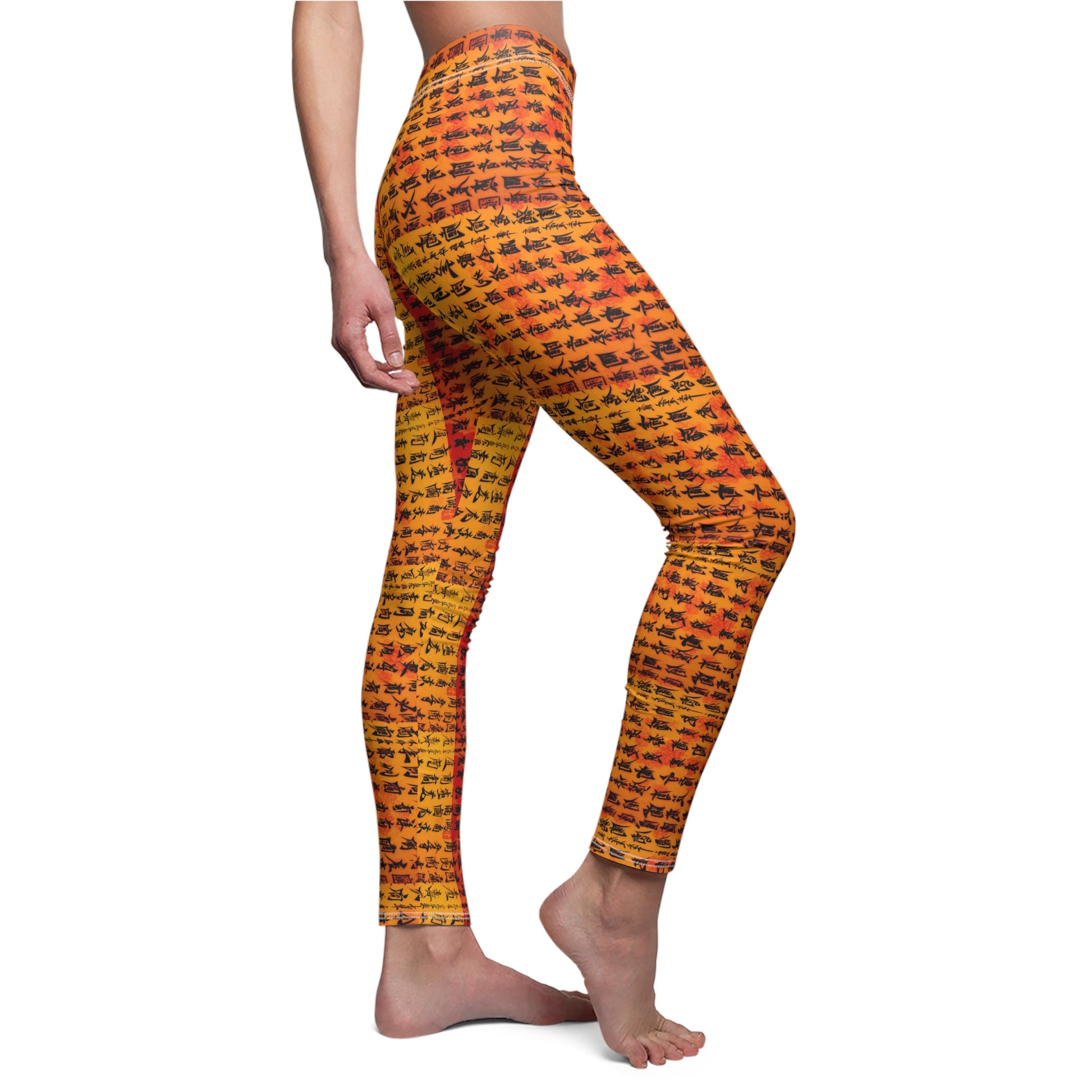 Side view of a pair of skinny fit leggings on a model featuring Chinese calligraphy with vibrant colors predominantly in orange and yellow tones.