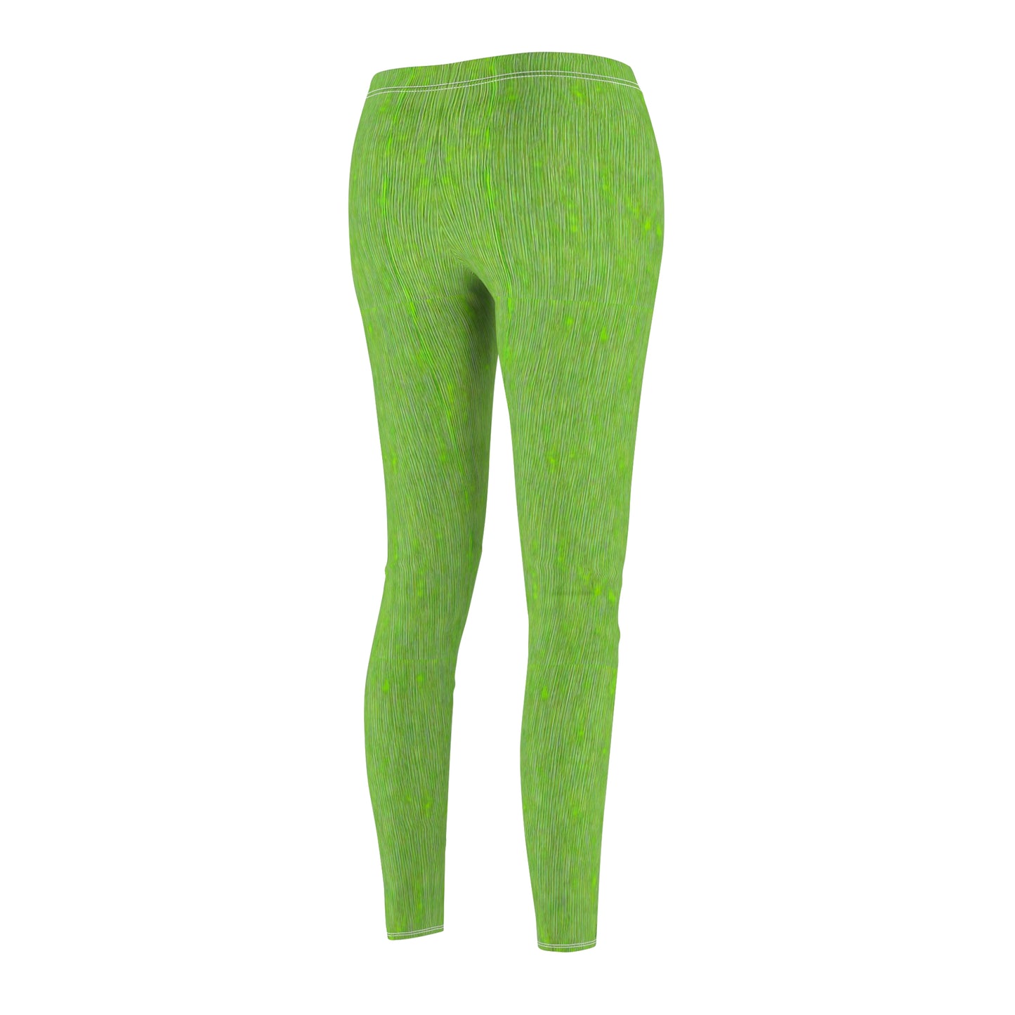 A pair of elastic skinny fit leggings in lime green with a white stripe pattern, back side view.
