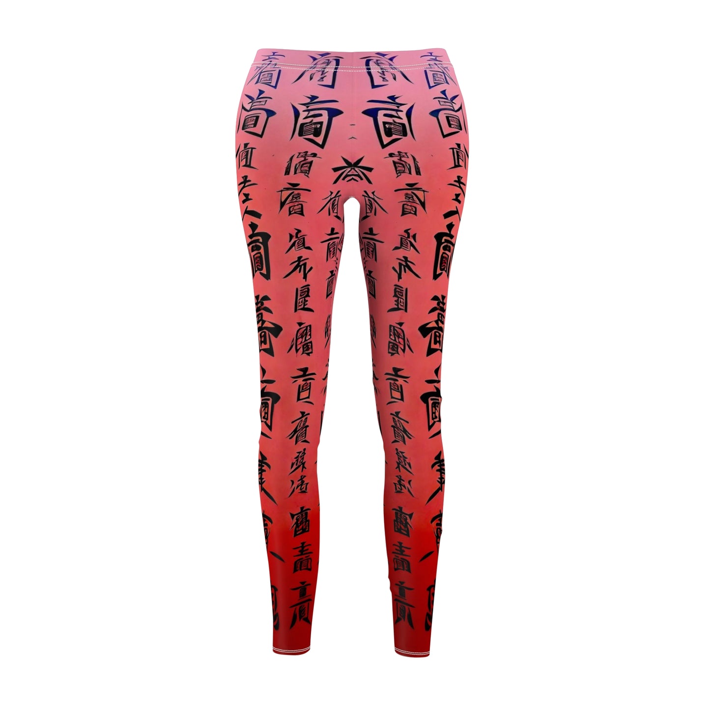 A pair of pink elastic skinny fit leggings with a black all-over print featuring what appears to be Chinese characters.