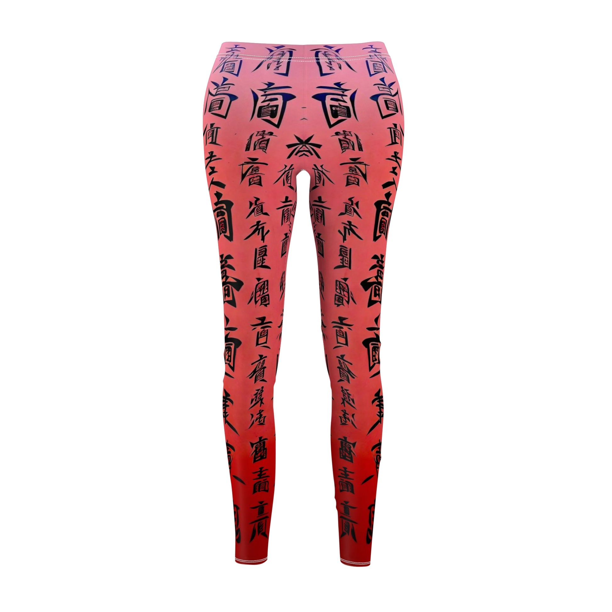 A pair of pink elastic skinny fit leggings with a black all-over print featuring what appears to be Chinese characters.
