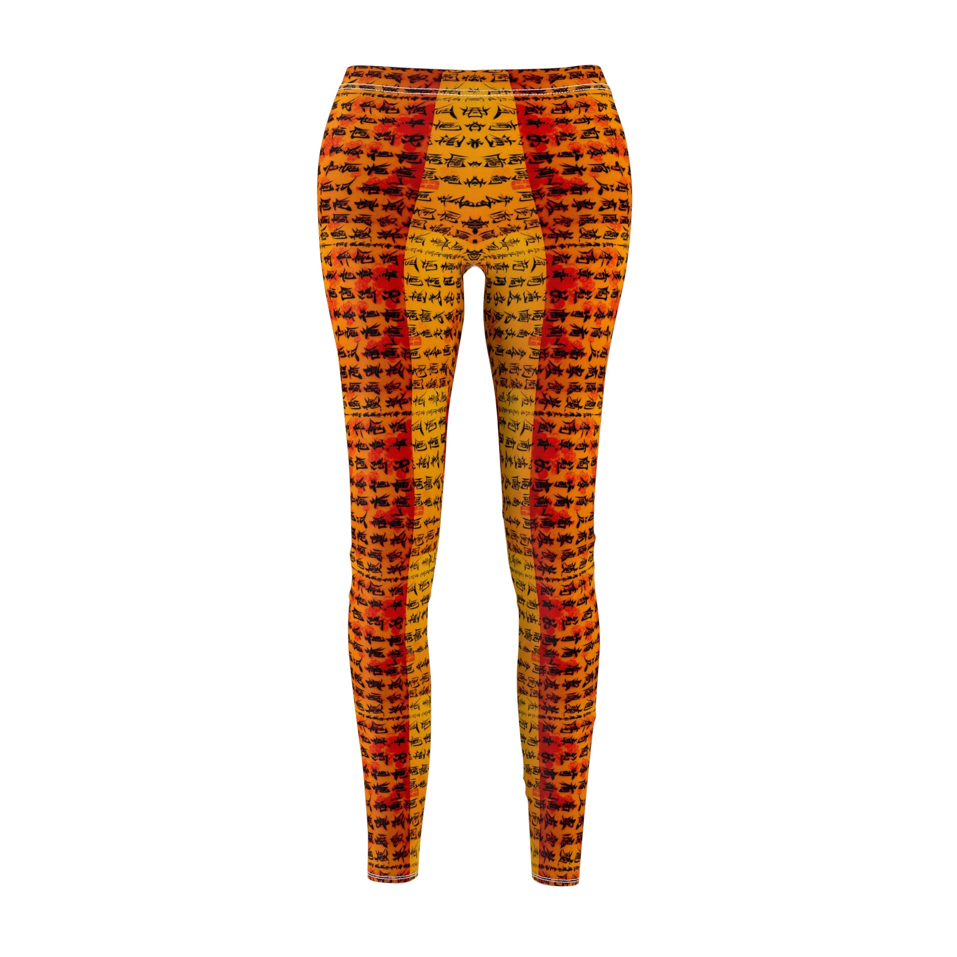 Front view of a pair of skinny fit leggings featuring Chinese calligraphy with vibrant colors predominantly in orange and yellow tones.