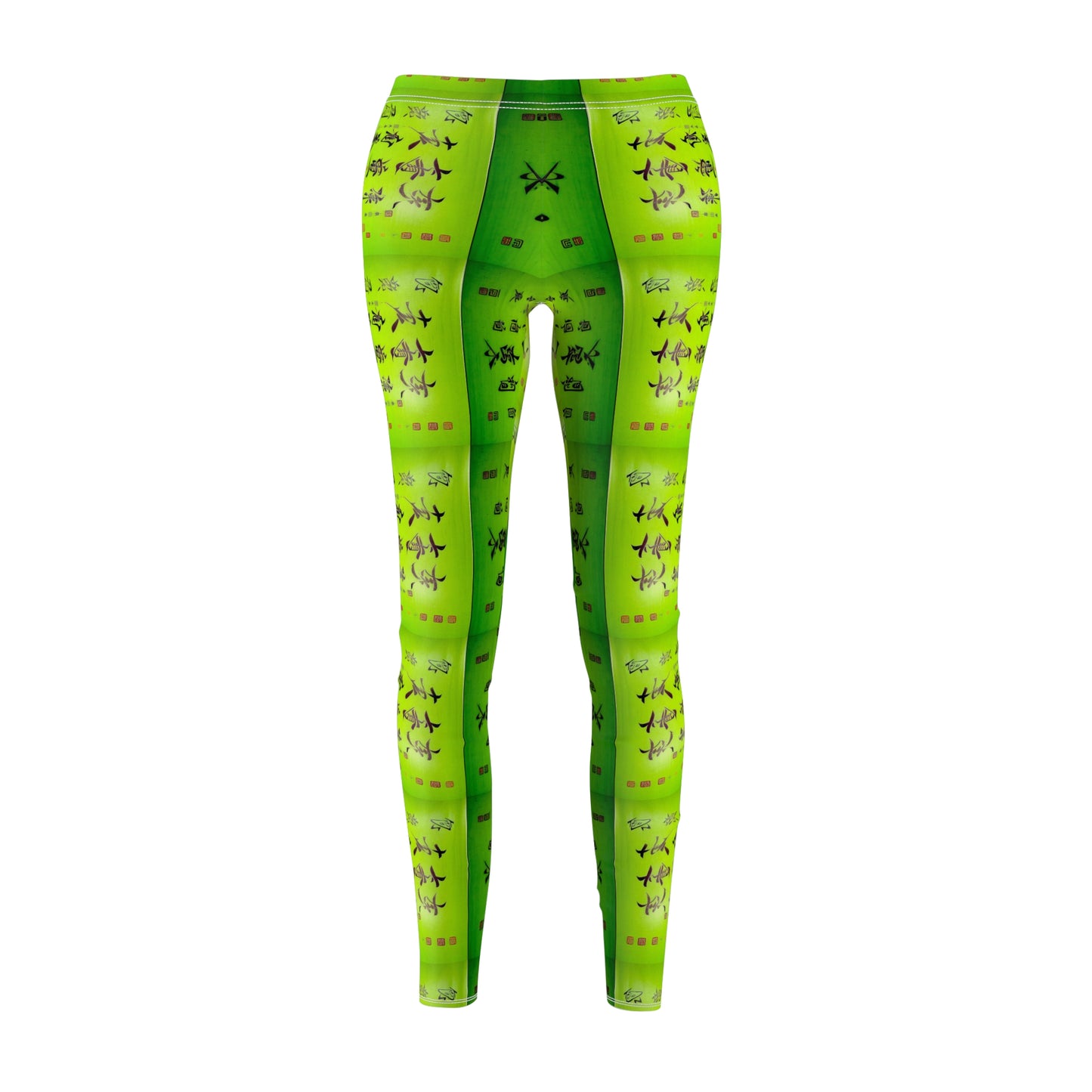 Front view of a pair of lime green elastic skinny fit leggings with a pattern of Chinese calligraphy.