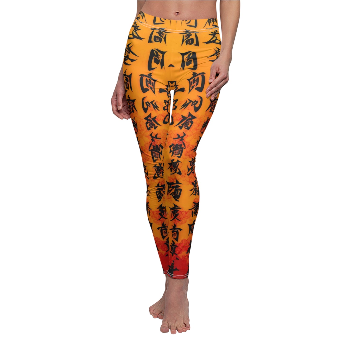 A pair of skinny fit leggings featuring Chinese calligraphy with vibrant colors predominantly in orange and red tones, showcasing the leggings on a model.
