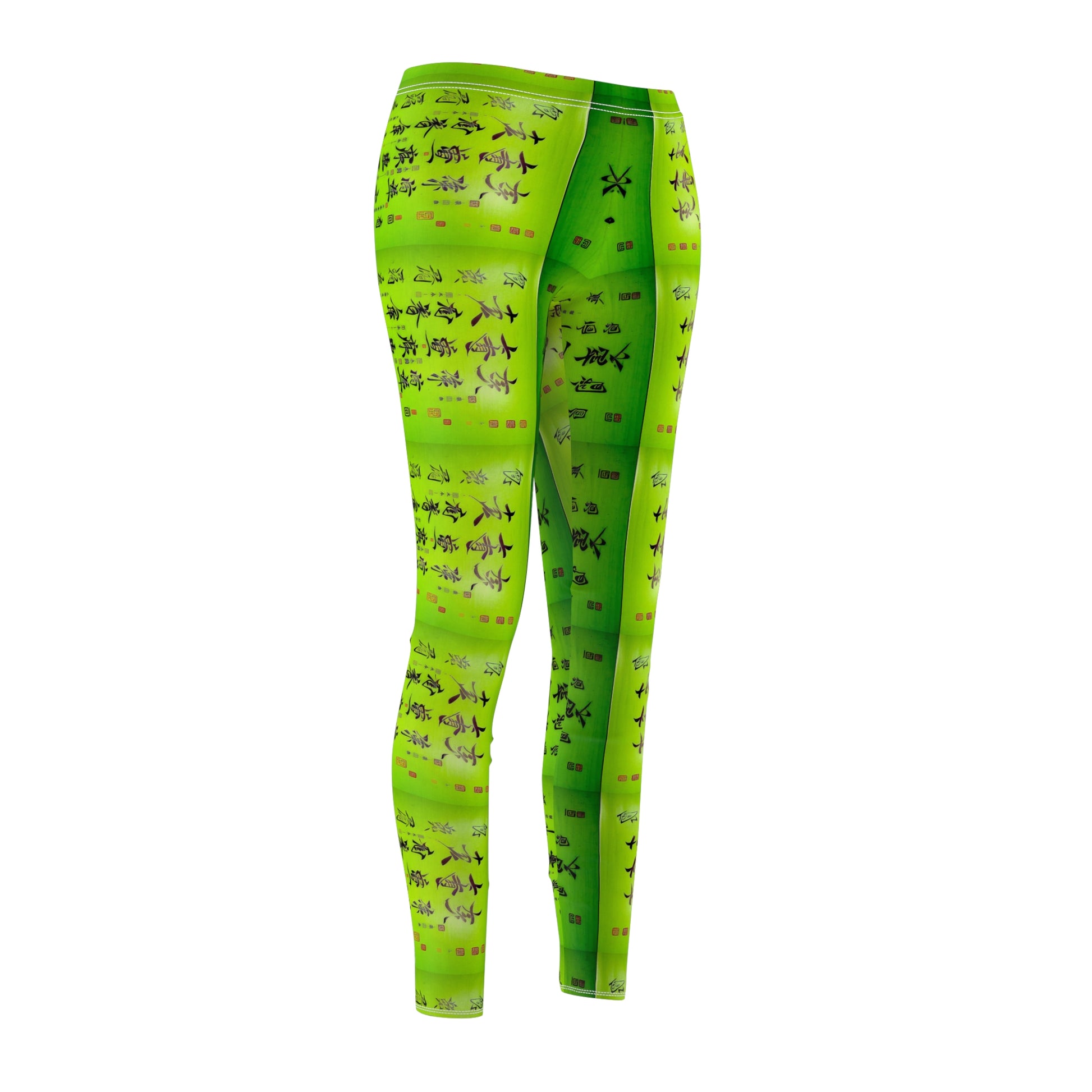 Front side view of a pair of lime green elastic skinny fit leggings with a pattern of Chinese calligraphy.