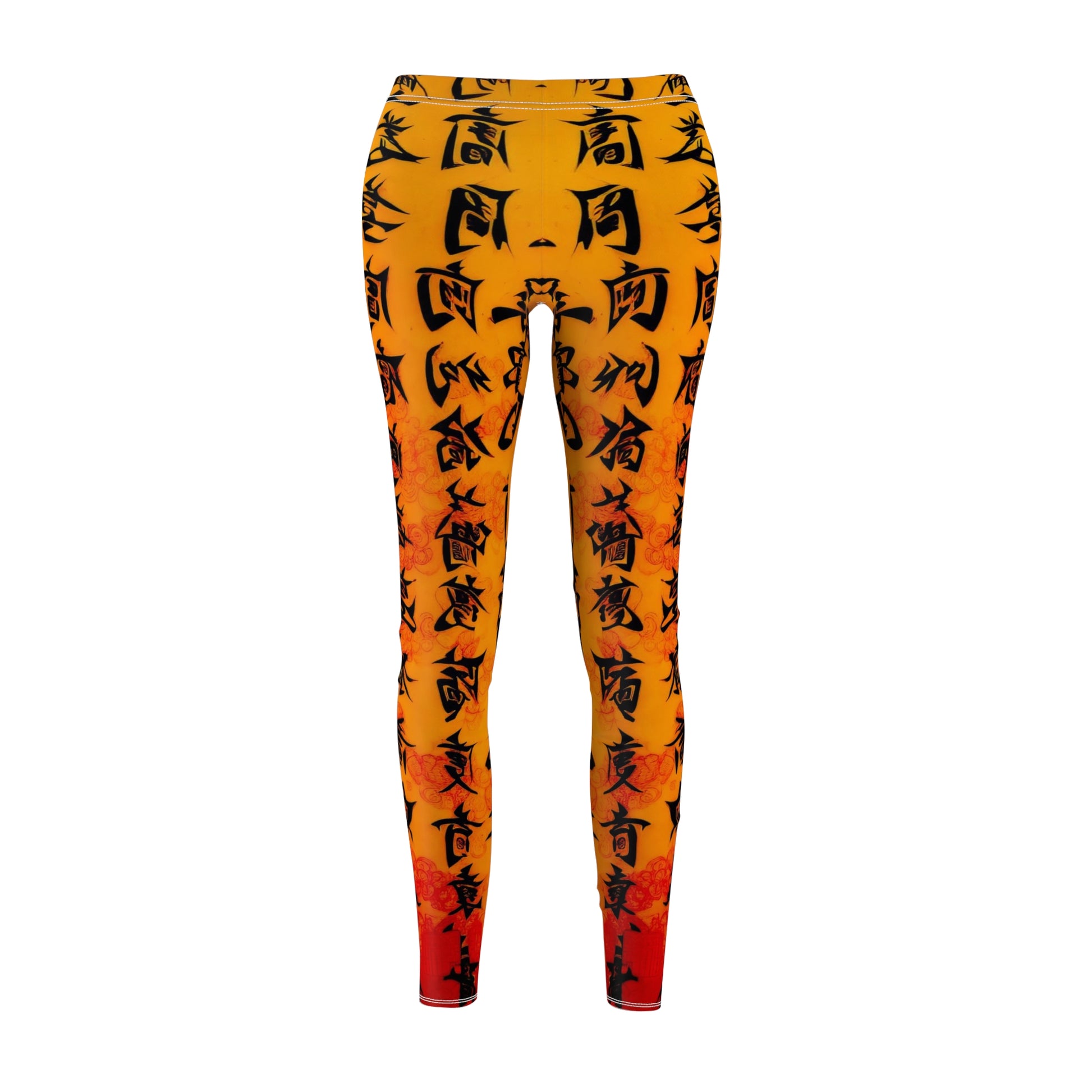Front view of a pair of skinny fit leggings featuring Chinese calligraphy with vibrant colors predominantly in orange and red tones.