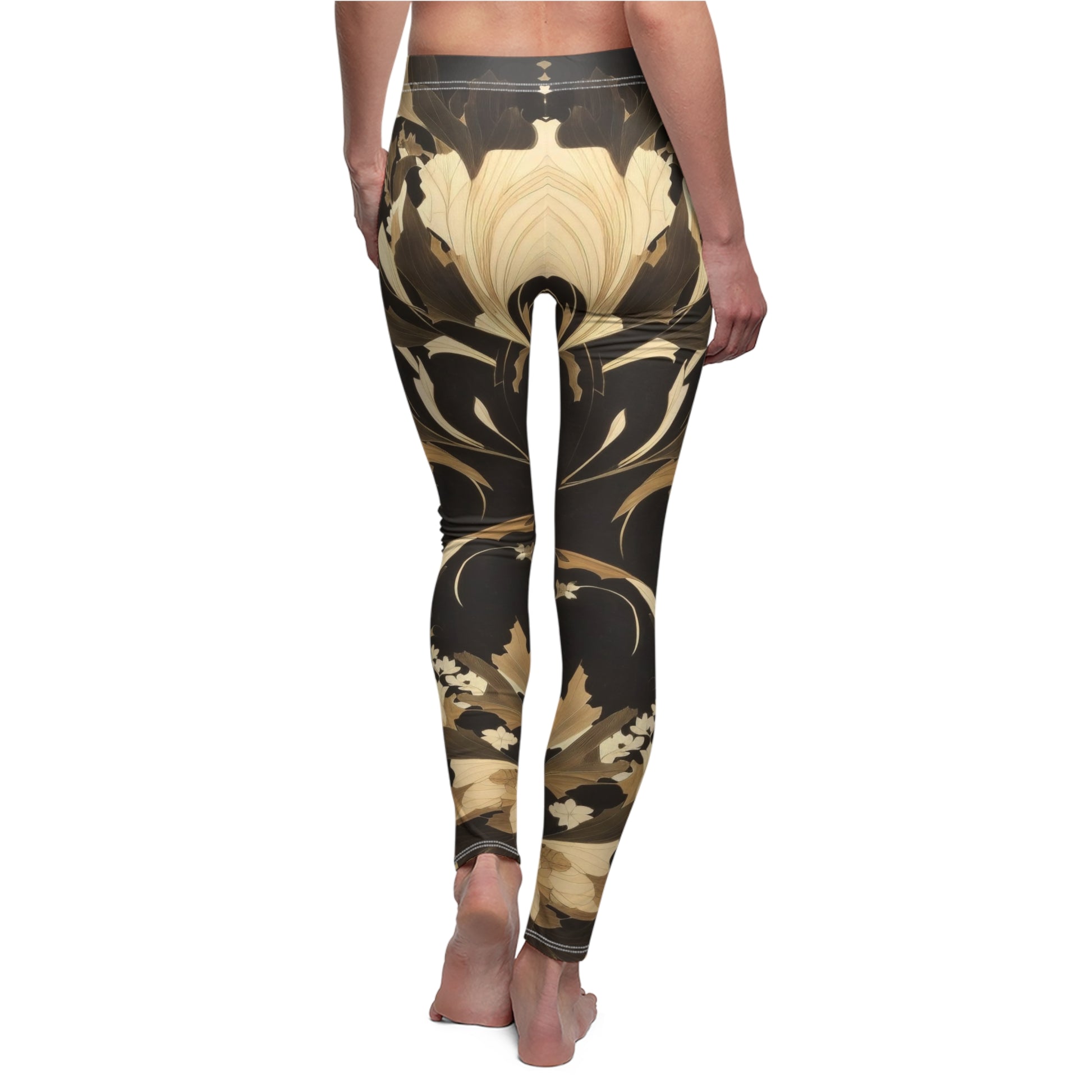Leggings, black, brown, beige, cream floral pattern.