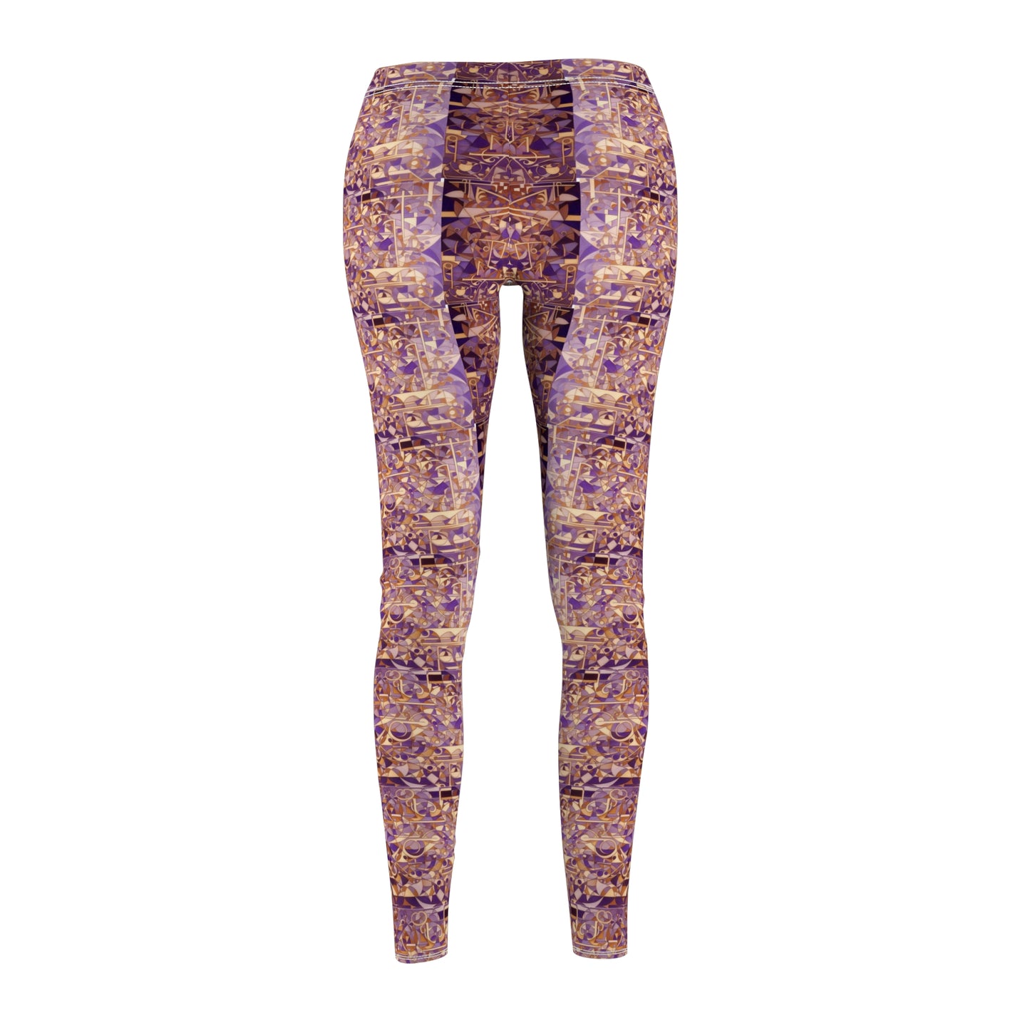 A pair of purple and gold leggings with a textured print, designed to be skinny fit, back view.