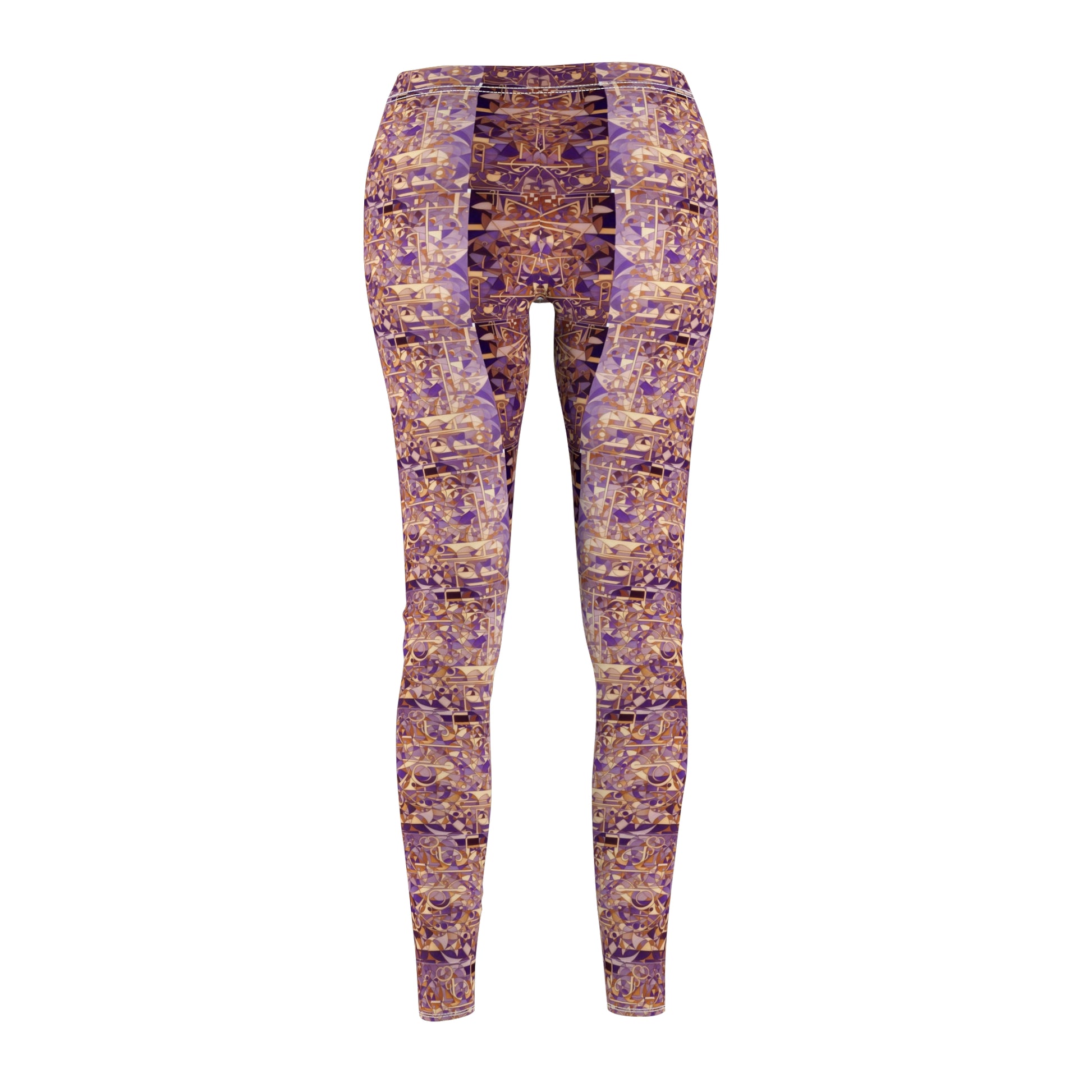 A pair of purple and gold leggings with a textured print, designed to be skinny fit, back view.