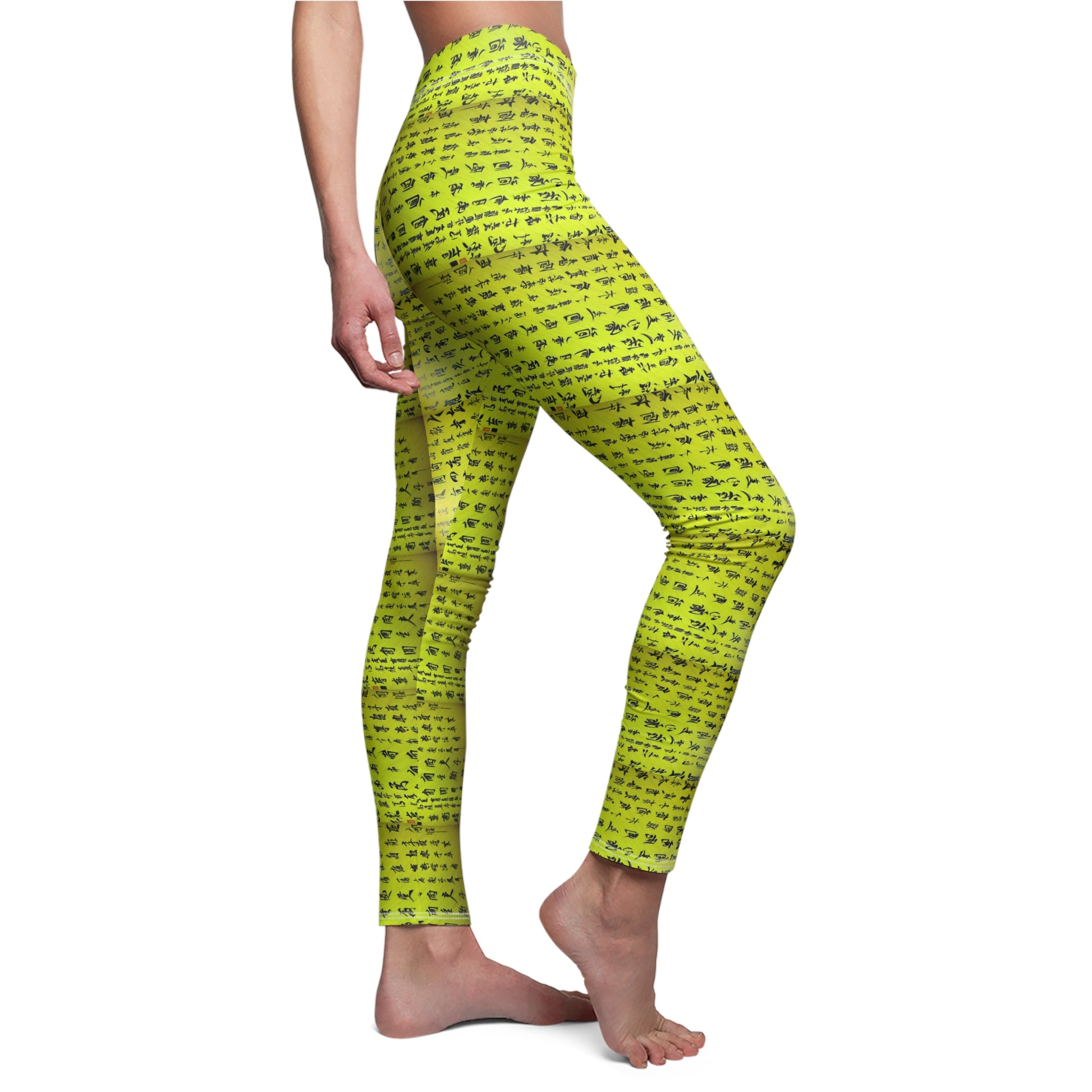 Side view of a model wearing a pair of lime green elastic skinny fit leggings with a white thread color and Chinese character pattern.