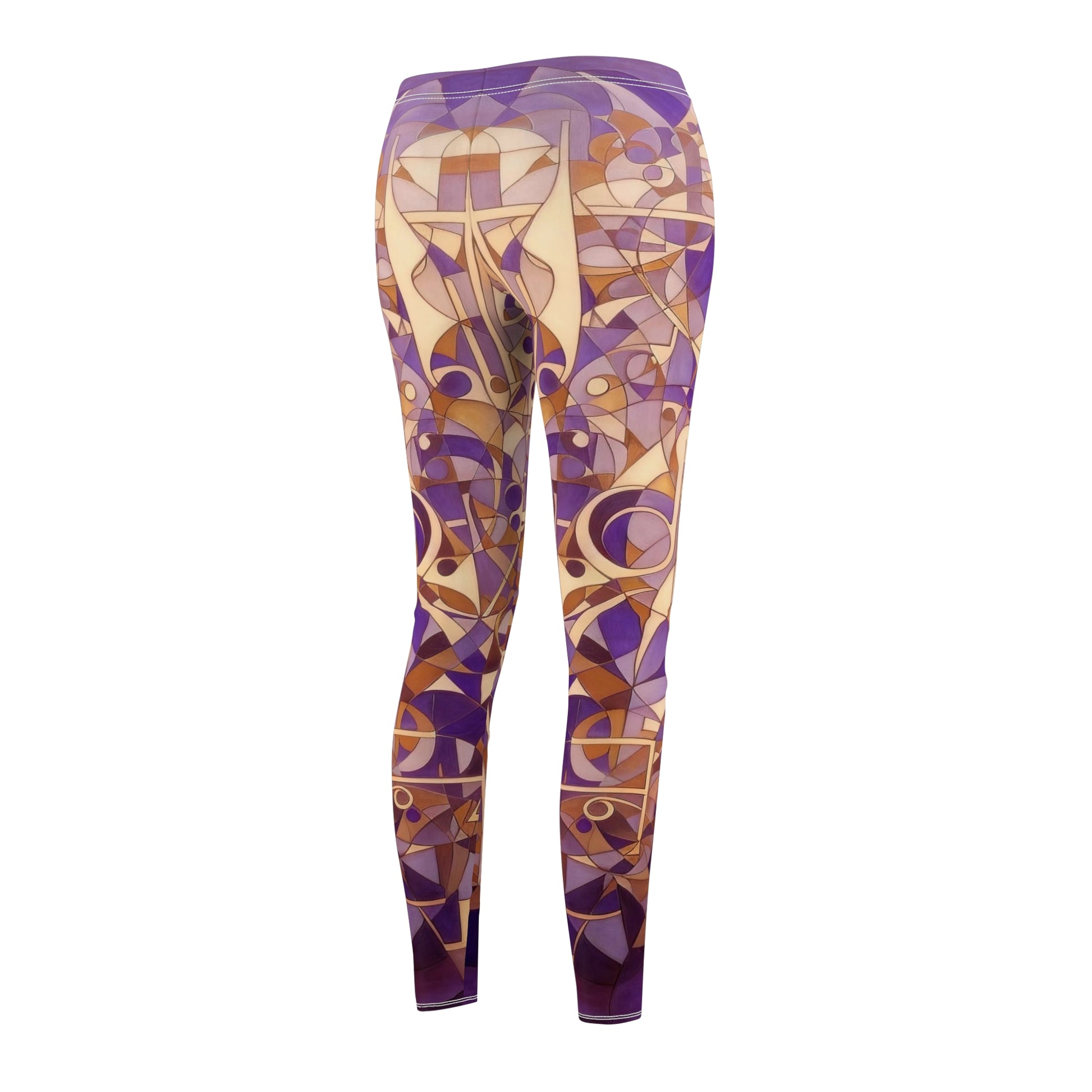 A pair of purple, cream and beige geometric patterned skinny fit leggings, back side view.