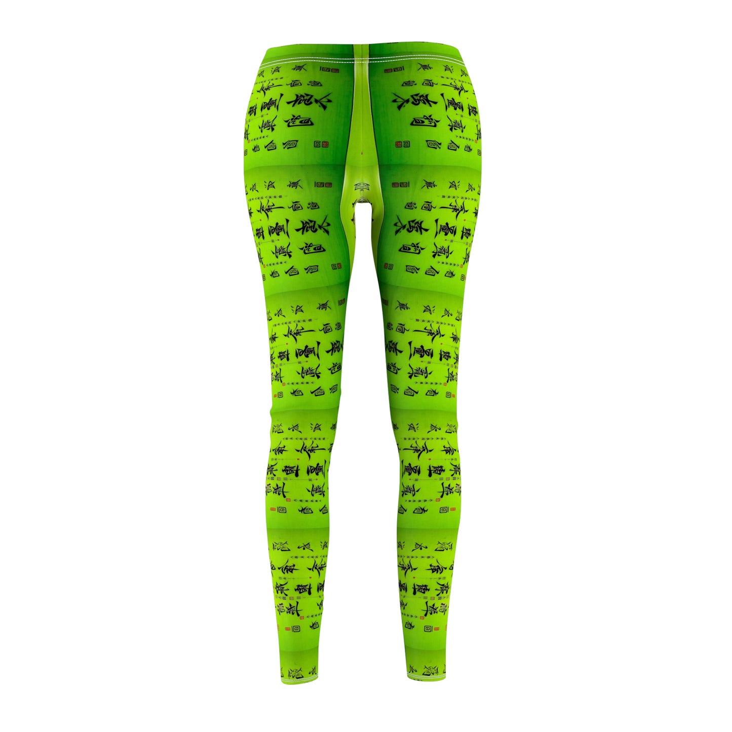 Back view of a pair of lime green elastic skinny fit leggings with a pattern of Chinese calligraphy.