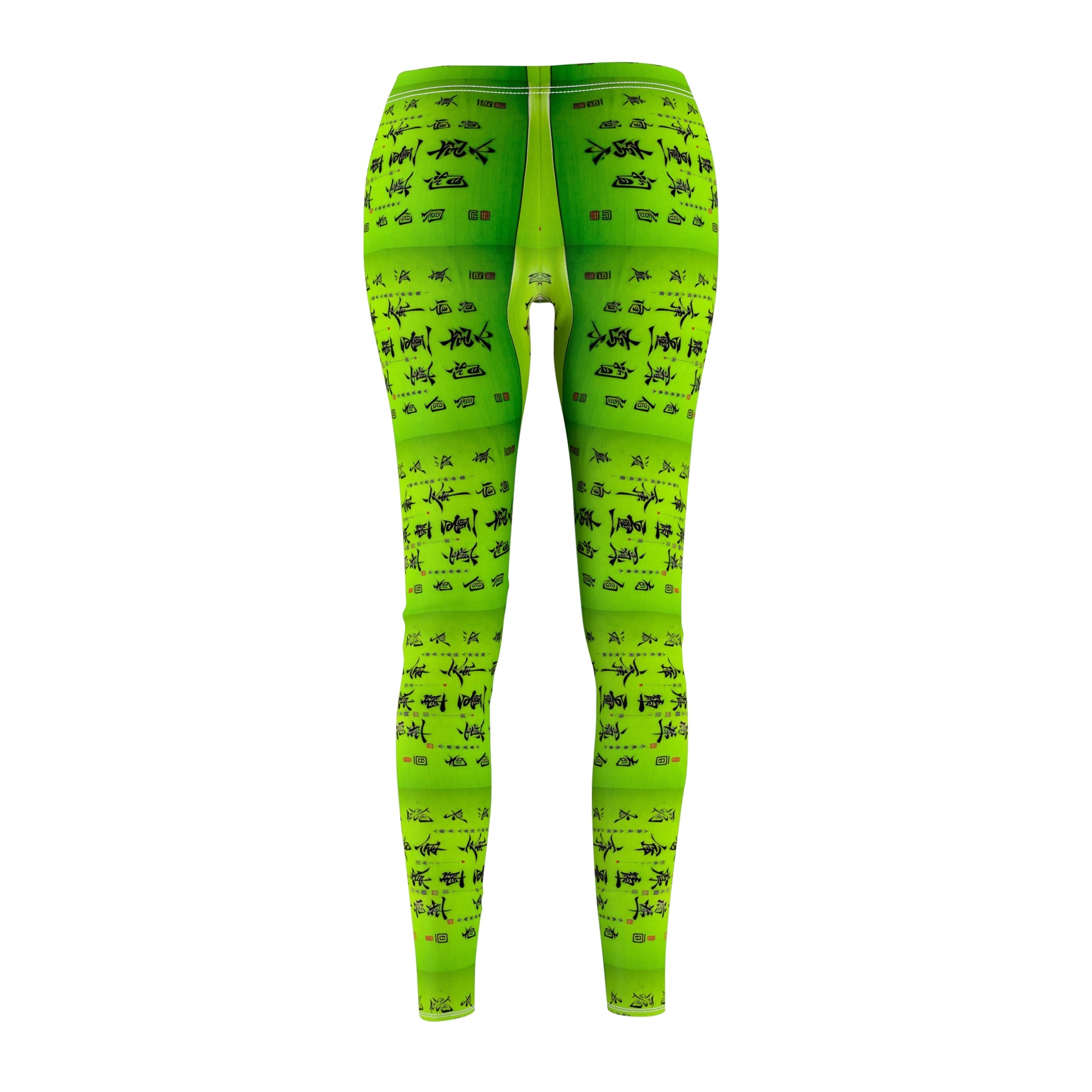 Back view of a pair of lime green elastic skinny fit leggings with a pattern of Chinese calligraphy.