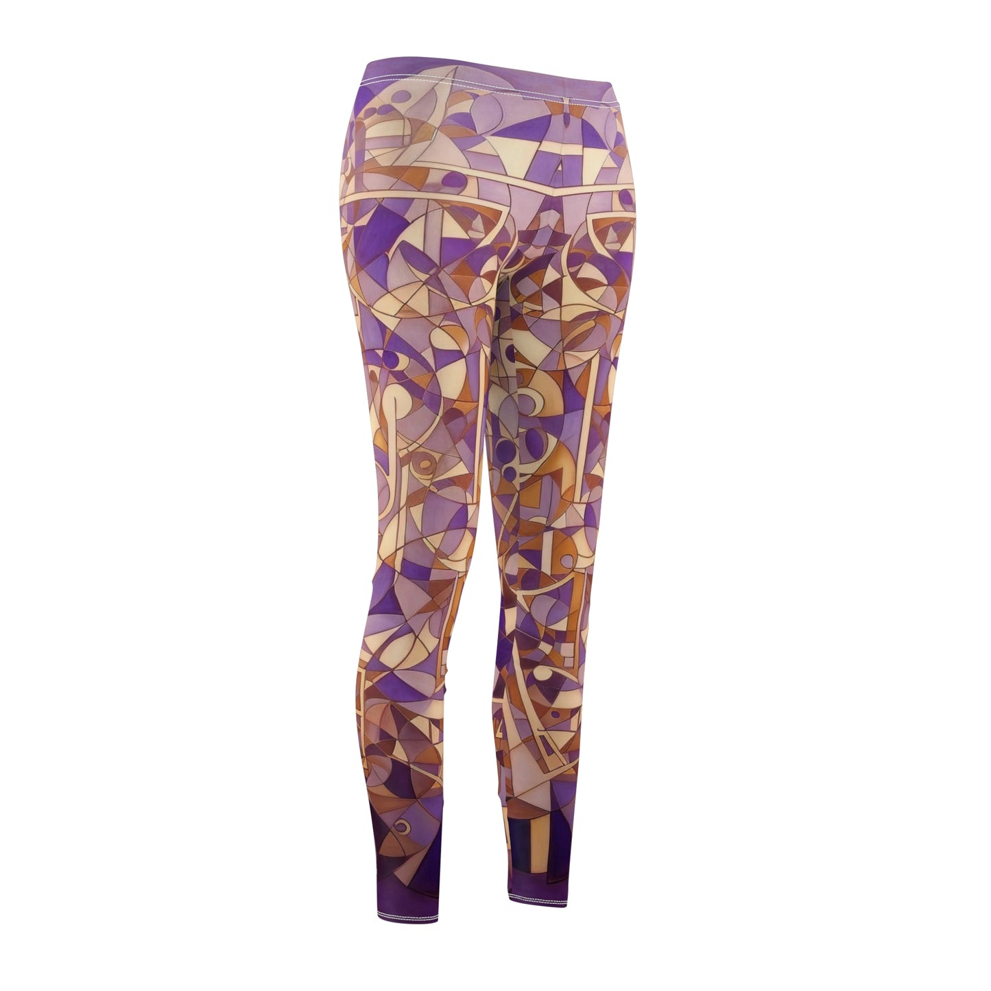 A pair of purple, cream and beige geometric patterned skinny fit leggings, front side view.
