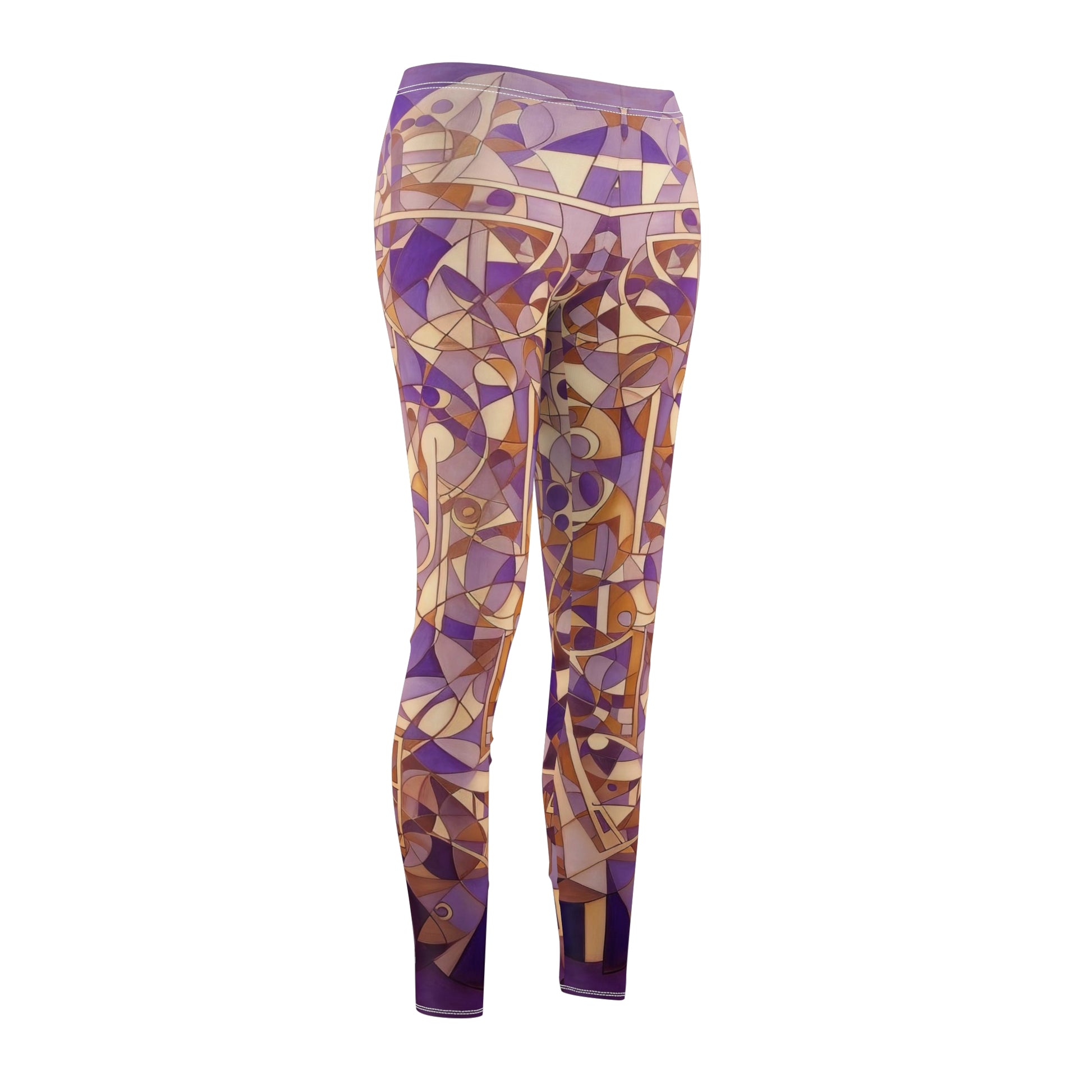 A pair of purple, cream and beige geometric patterned skinny fit leggings, front side view.