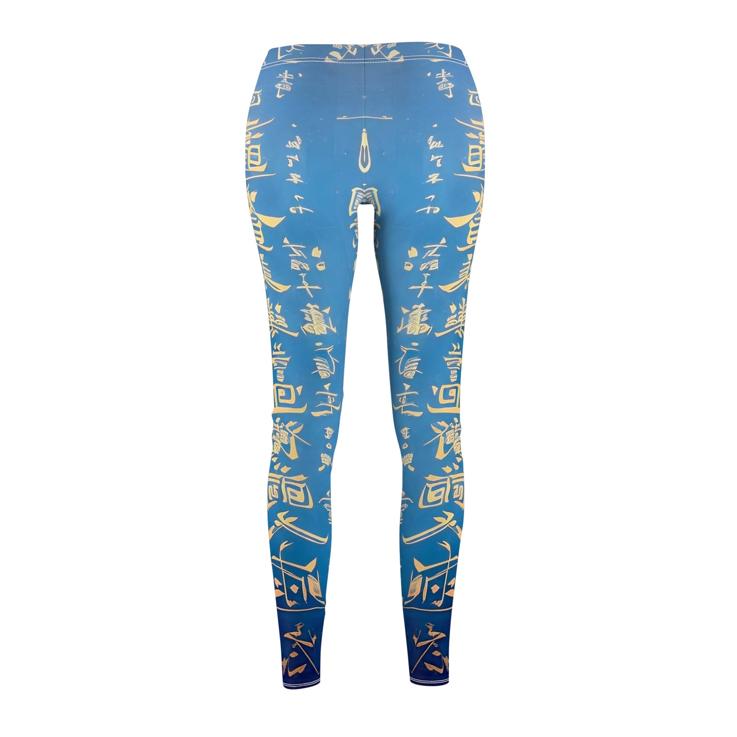 Baby blue skinny fit leggings with all-over print design of gold Chinese lettering - back view.
