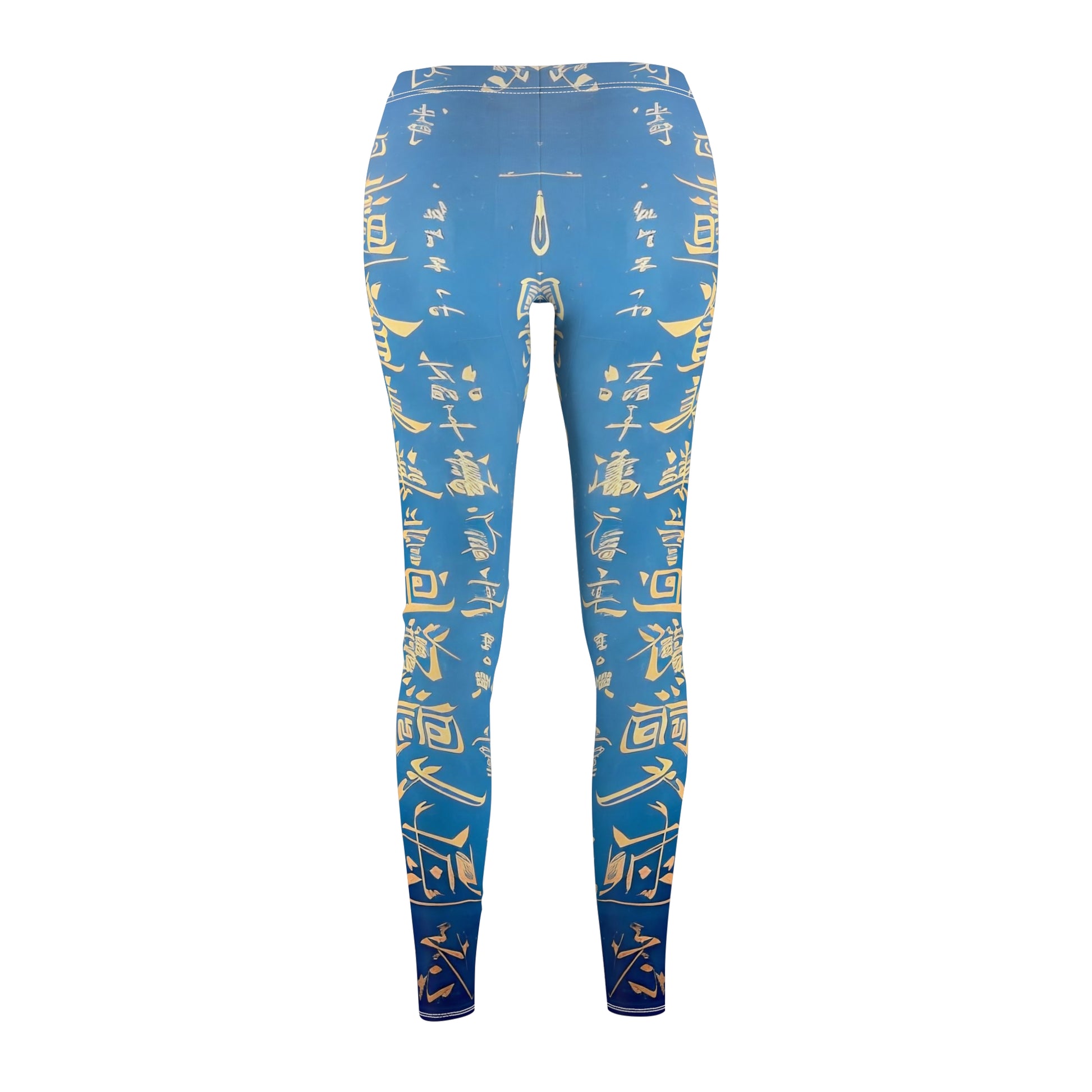 Baby blue skinny fit leggings with all-over print design of gold Chinese lettering - back view.