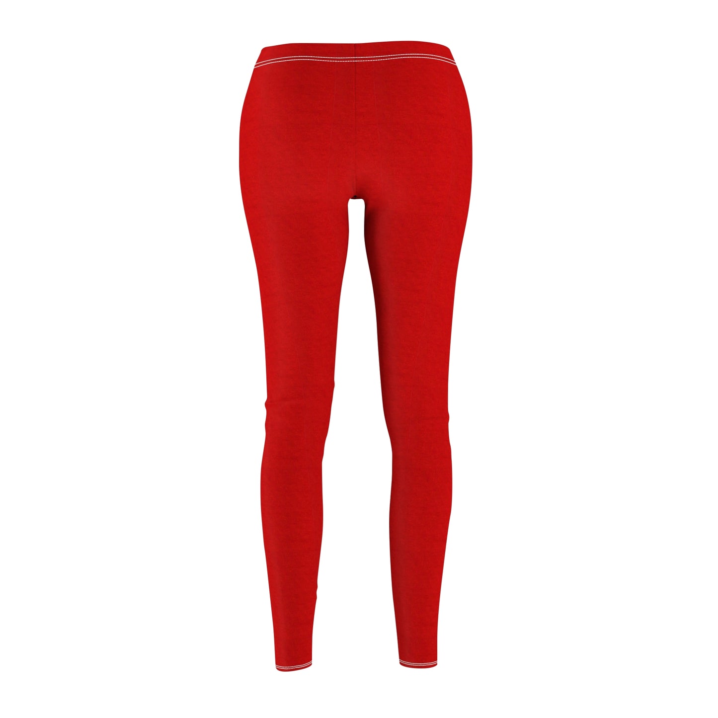 A pair of solid red skinny fit leggings with white thread color at the elastic waistband.