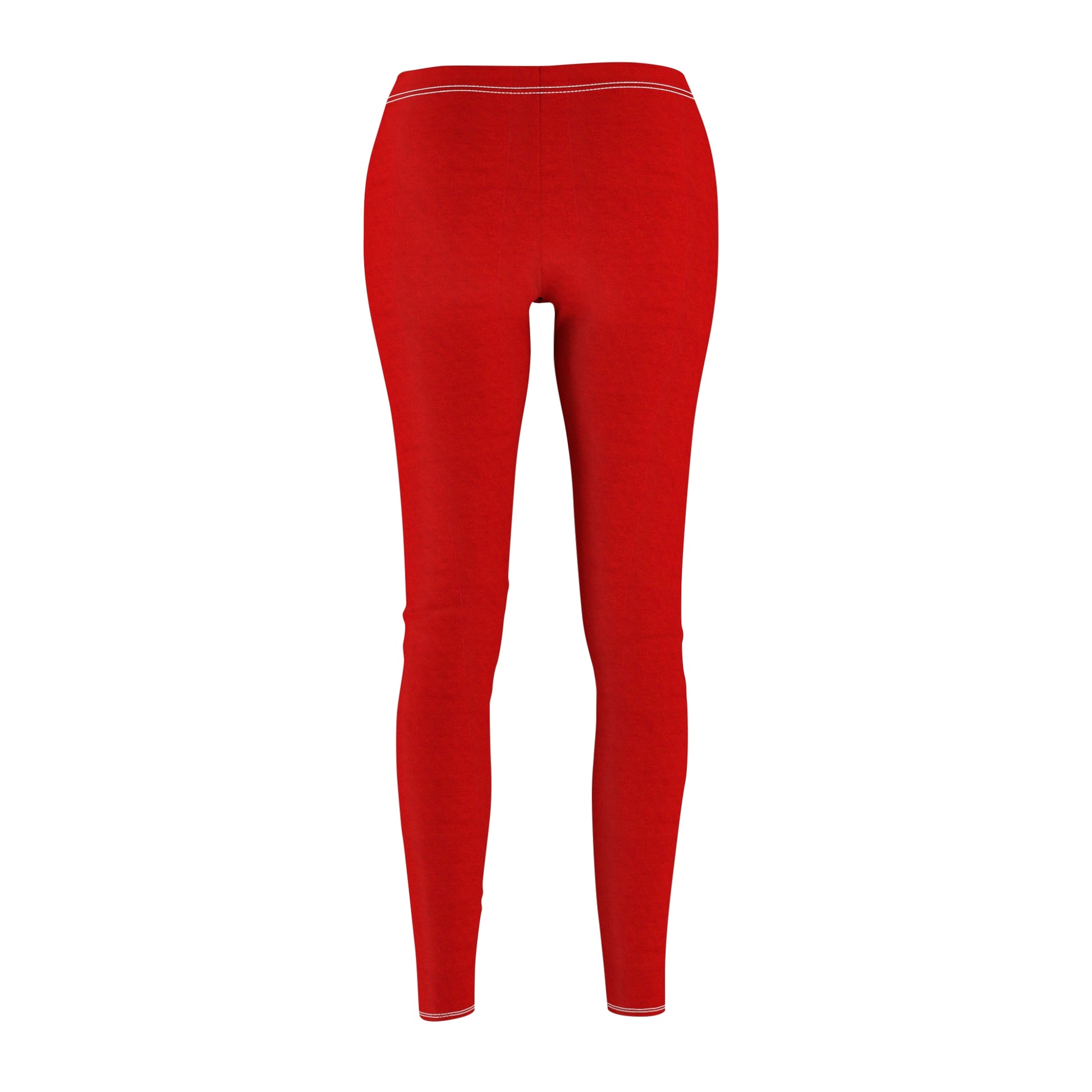 A pair of solid red skinny fit leggings with white thread color at the elastic waistband.