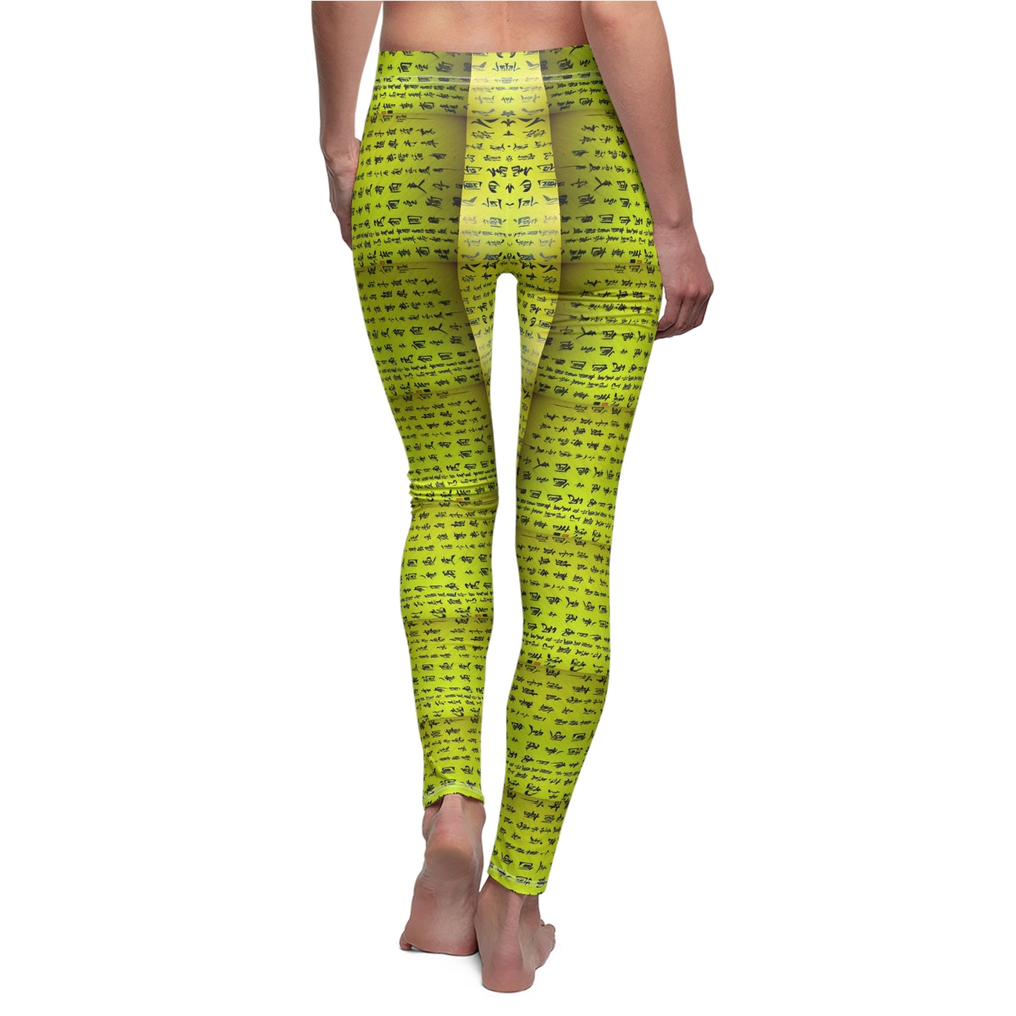 Back view of a model wearing a pair of lime green elastic skinny fit leggings with a white thread color and Chinese character pattern.