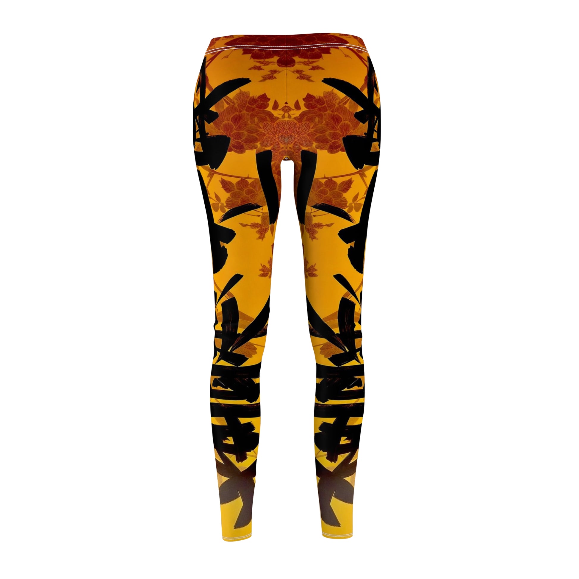 A pair of skinny fit leggings featuring a gold and orange color scheme with an Oriental geometric floral pattern, back view.