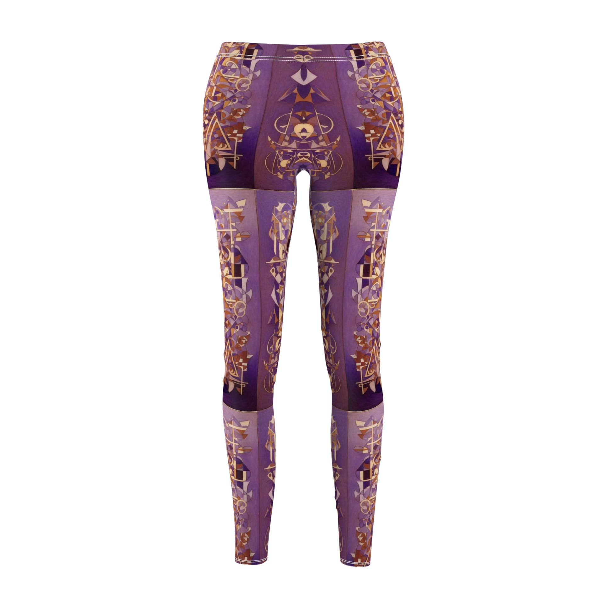 Skinny fit leggings, shades of purples with gold and white geometric patterns, front view.